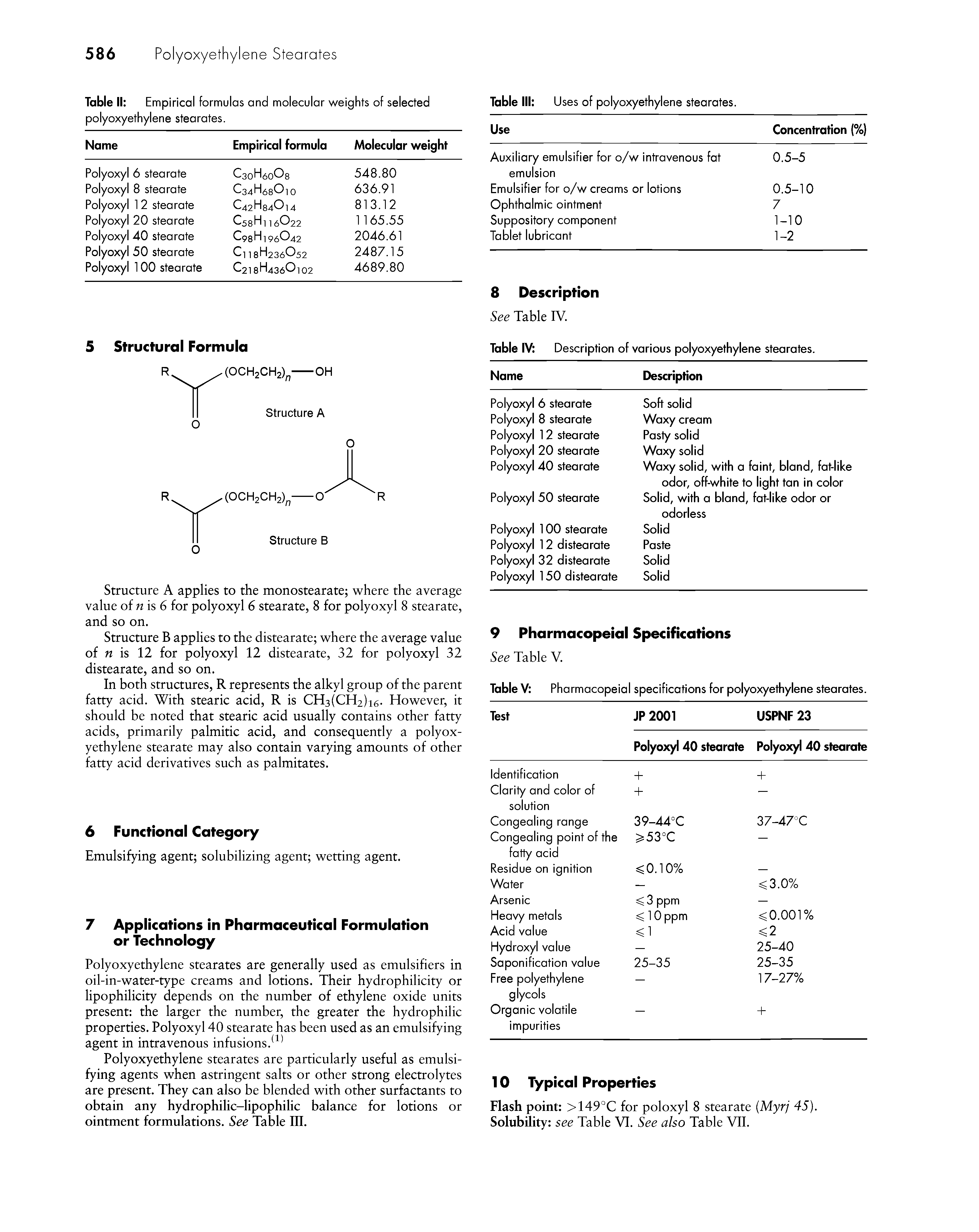 Table II Empirical formulas and molecular weights of selected polyoxyethylene stearates.