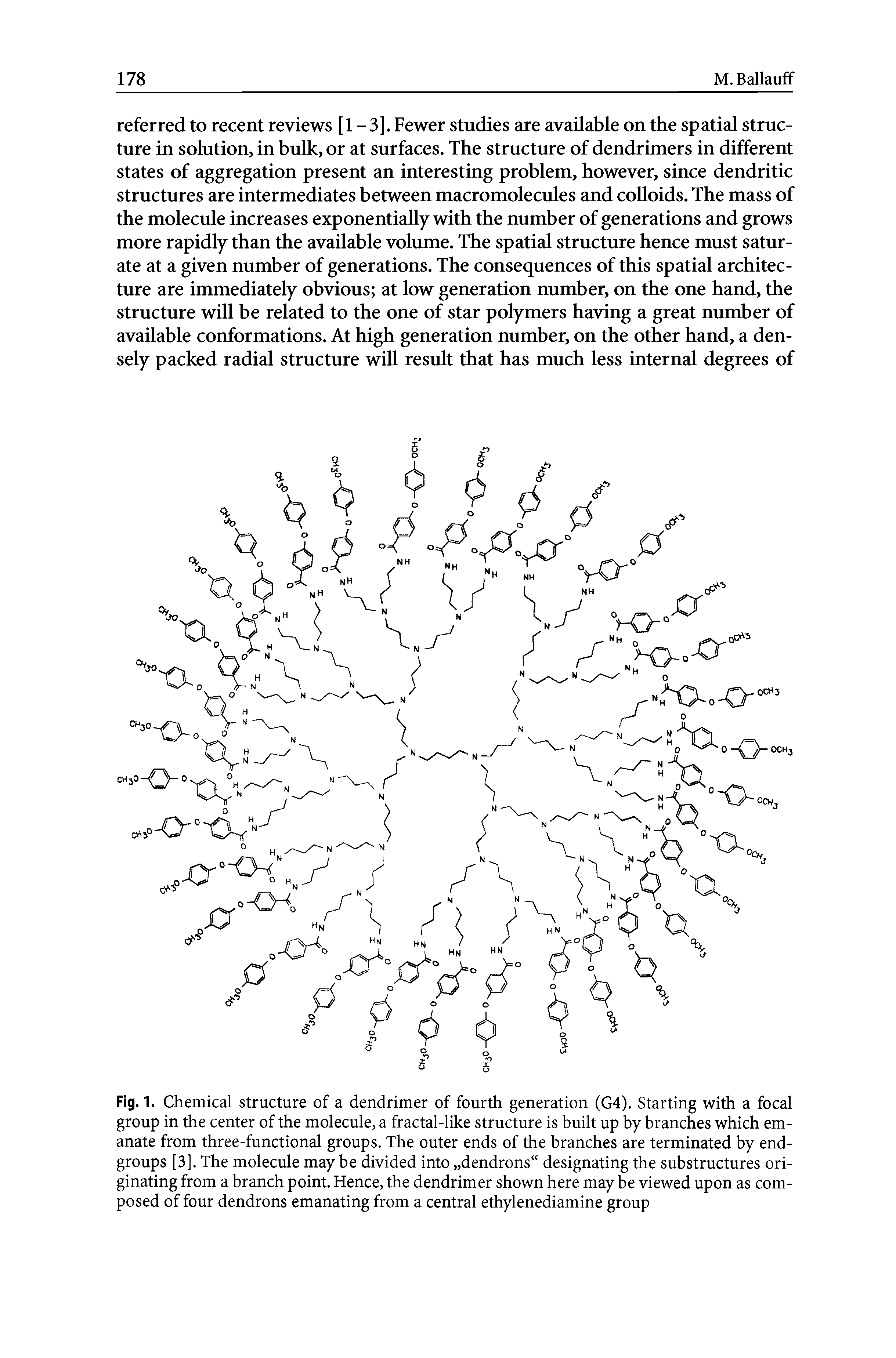 Fig. 1. Chemical structure of a dendrimer of fourth generation (G4). Starting with a focal group in the center of the molecule, a fractal-like structure is built up by branches which emanate from three-functional groups. The outer ends of the branches are terminated by end-groups [3]. The molecule may be divided into dendrons designating the substructures originating from a branch point. Hence, the dendrimer shown here may be viewed upon as composed of four dendrons emanating from a central ethylenediamine group...