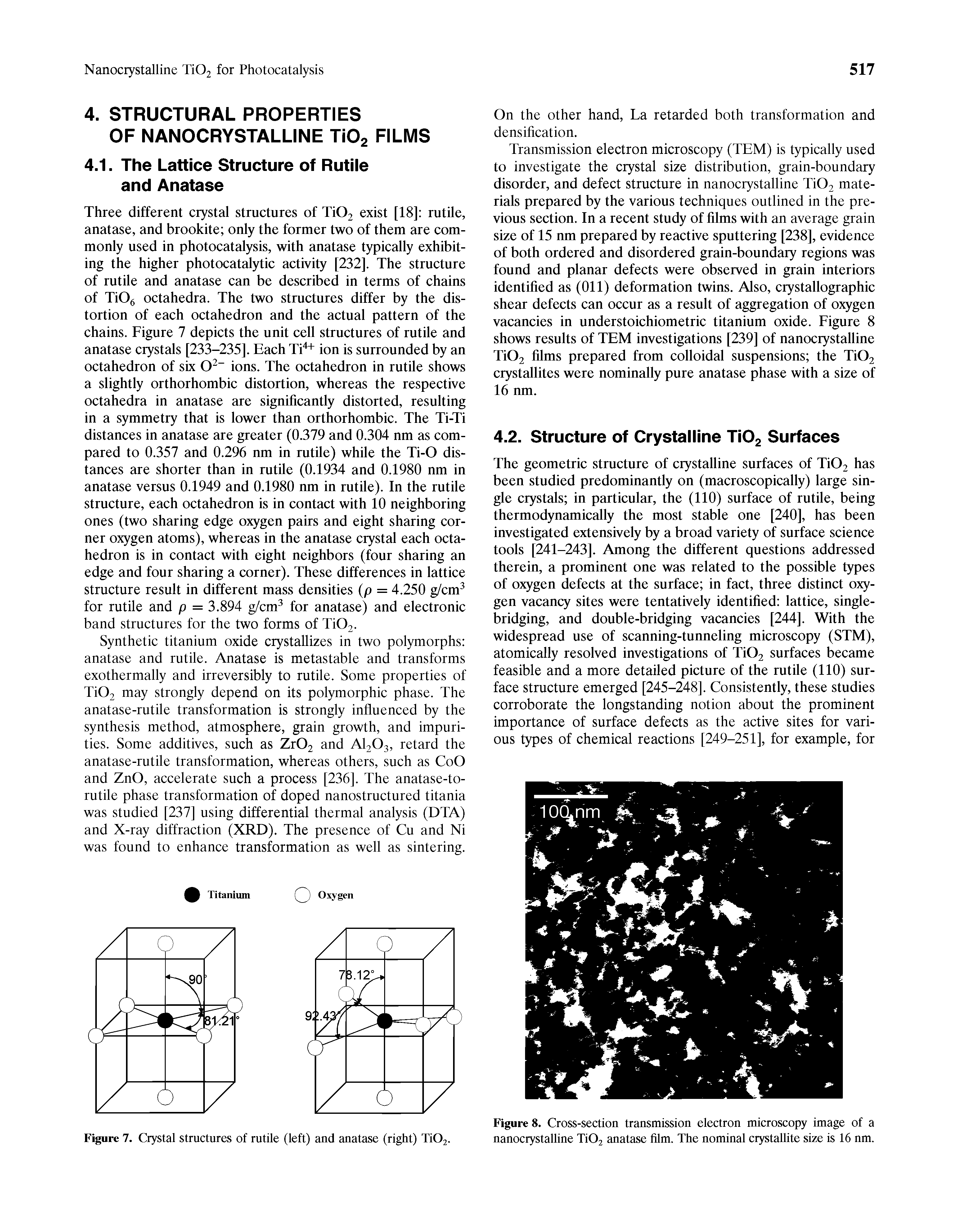 Figure 7. Crystal structures of rutile (left) and anatase (right) Ti02.