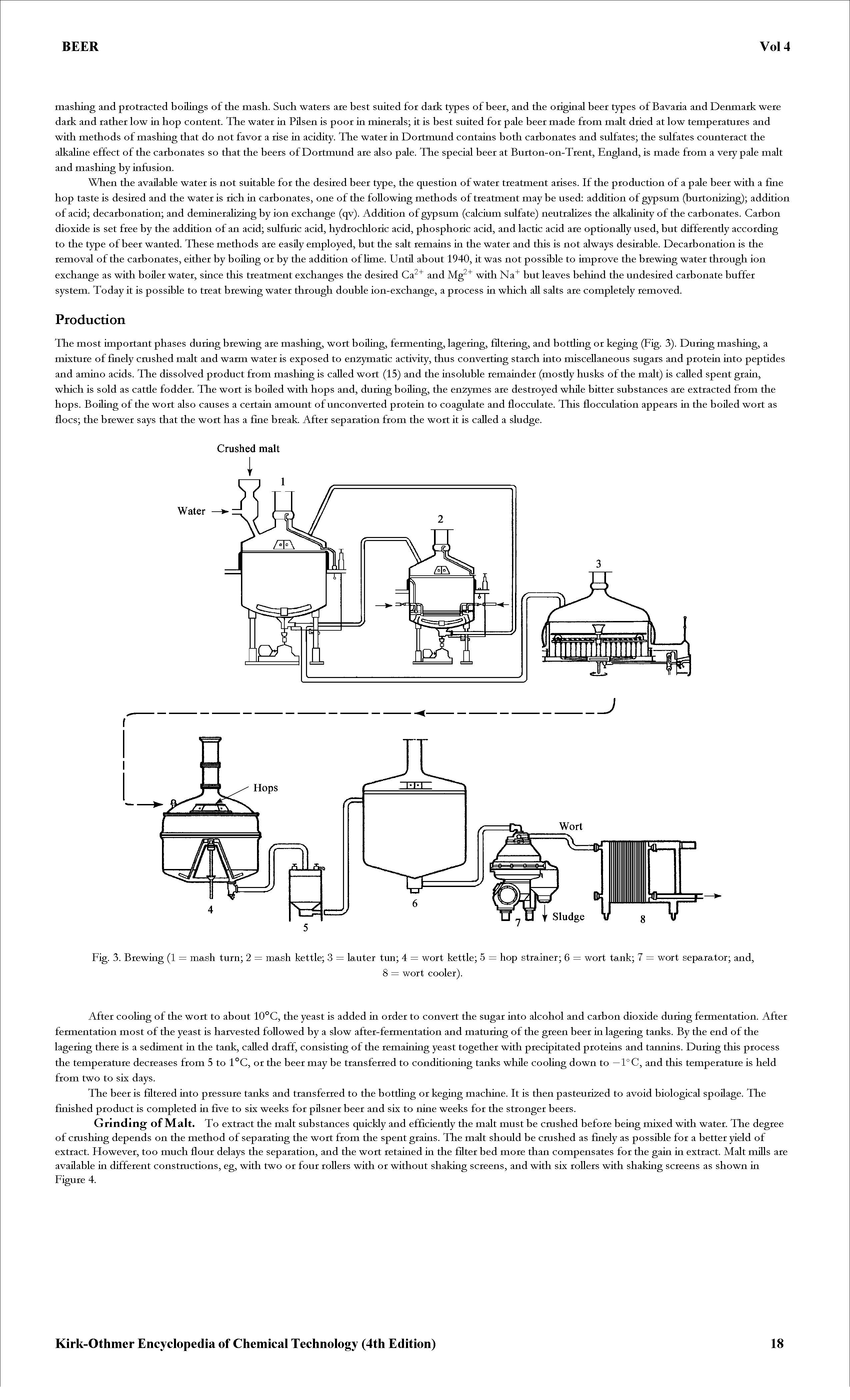 Fig. 3. Brewing (1 = mash turn 2 = mash kettle 3 = lauter tun 4 = wort kettle 5 = hop strainer 6 = wort tank 7 = wort separator and,...