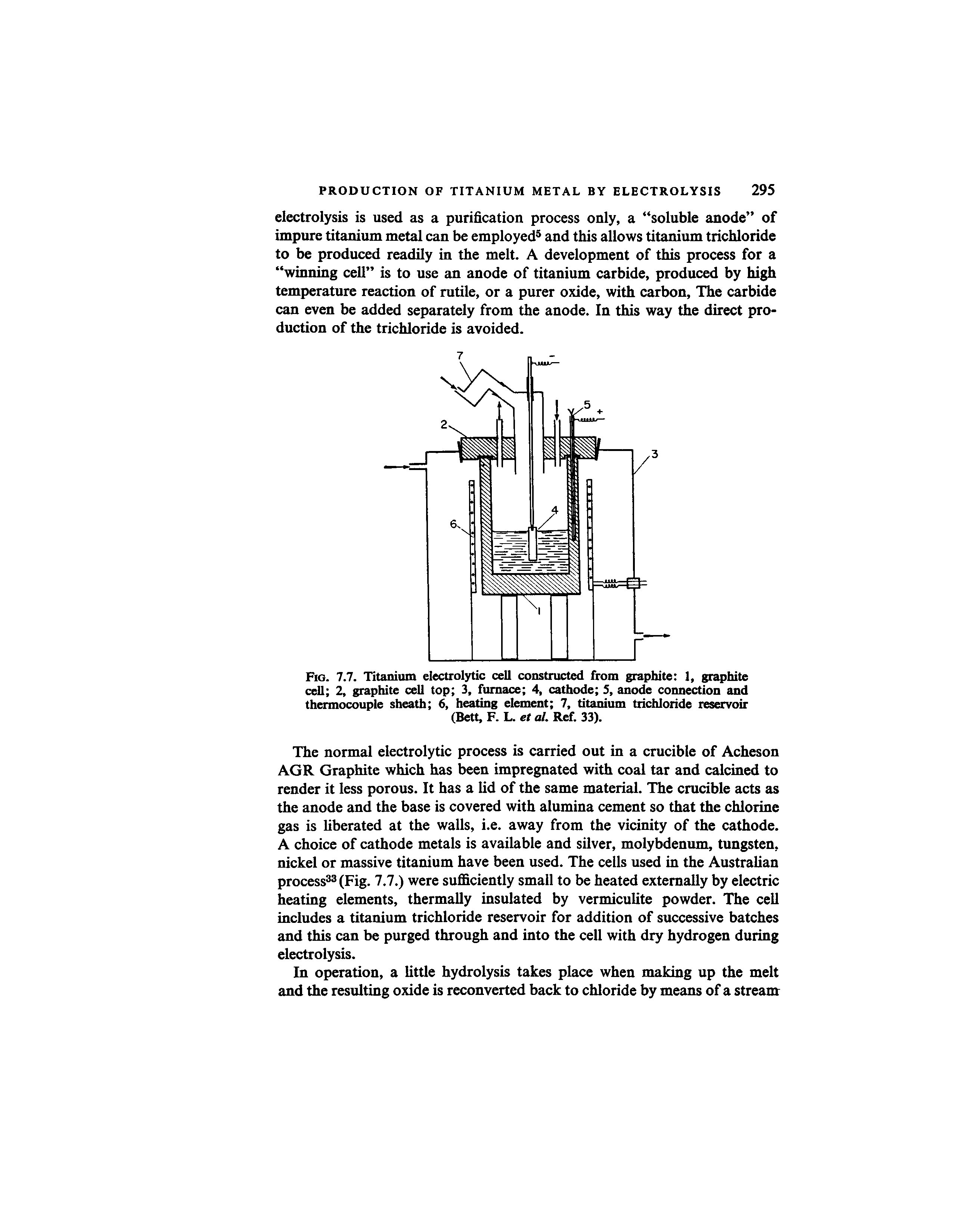 Fig. 7.7. Titanium electrolytic cell constructed from graphite 1, gnqihite cell 2, graphite cell top 3, furnace 4, cathode 5, anode connection and thermocouple sheath 6, heating element 7, titanium trichloride reservoir (Bett, F. L.c/a/.Ref. 33).