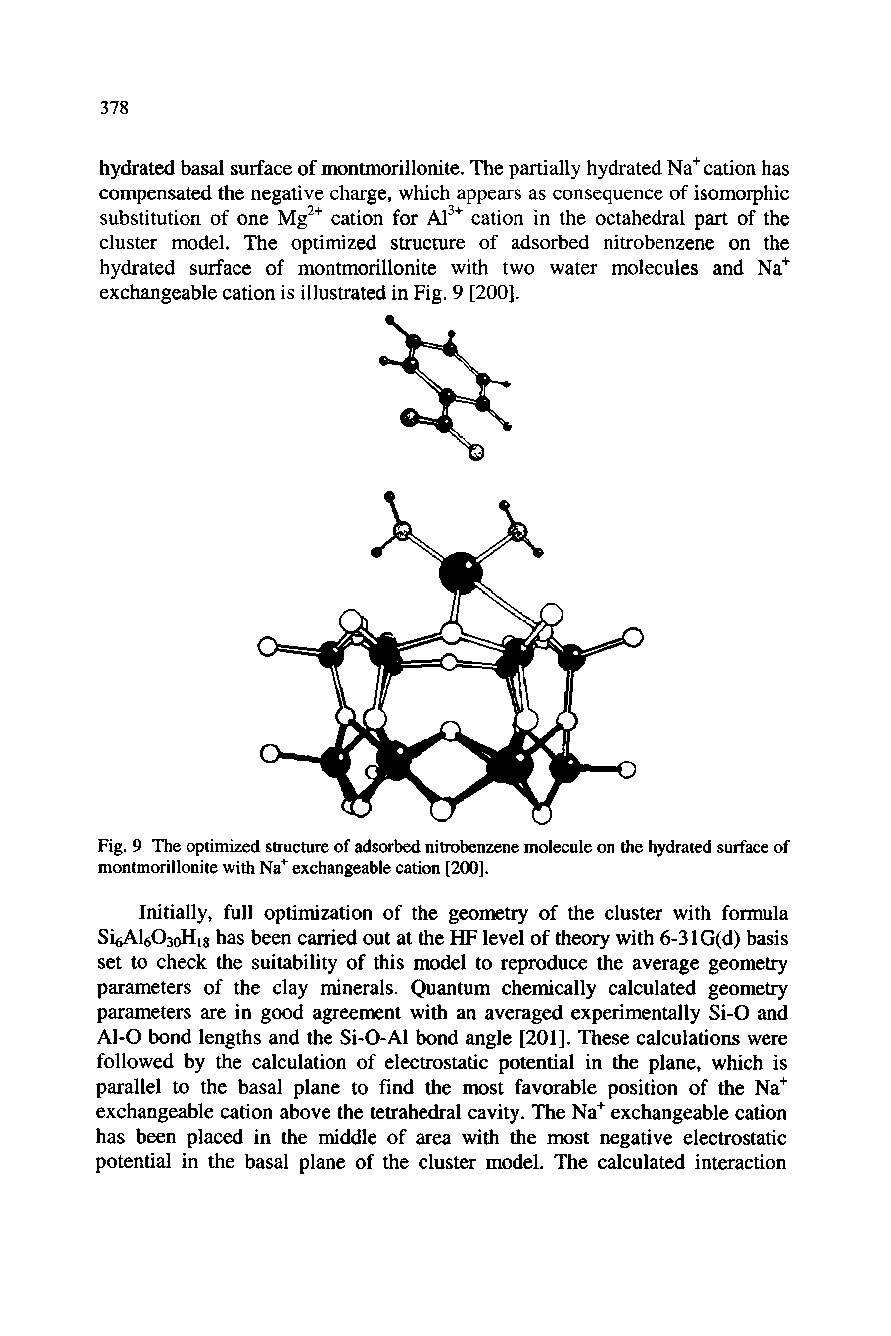 Fig. 9 The optimized structure of adsorbed nitrobenzene molecule on the hydrated surface of montmorillonite with Na+ exchangeable cation [200].