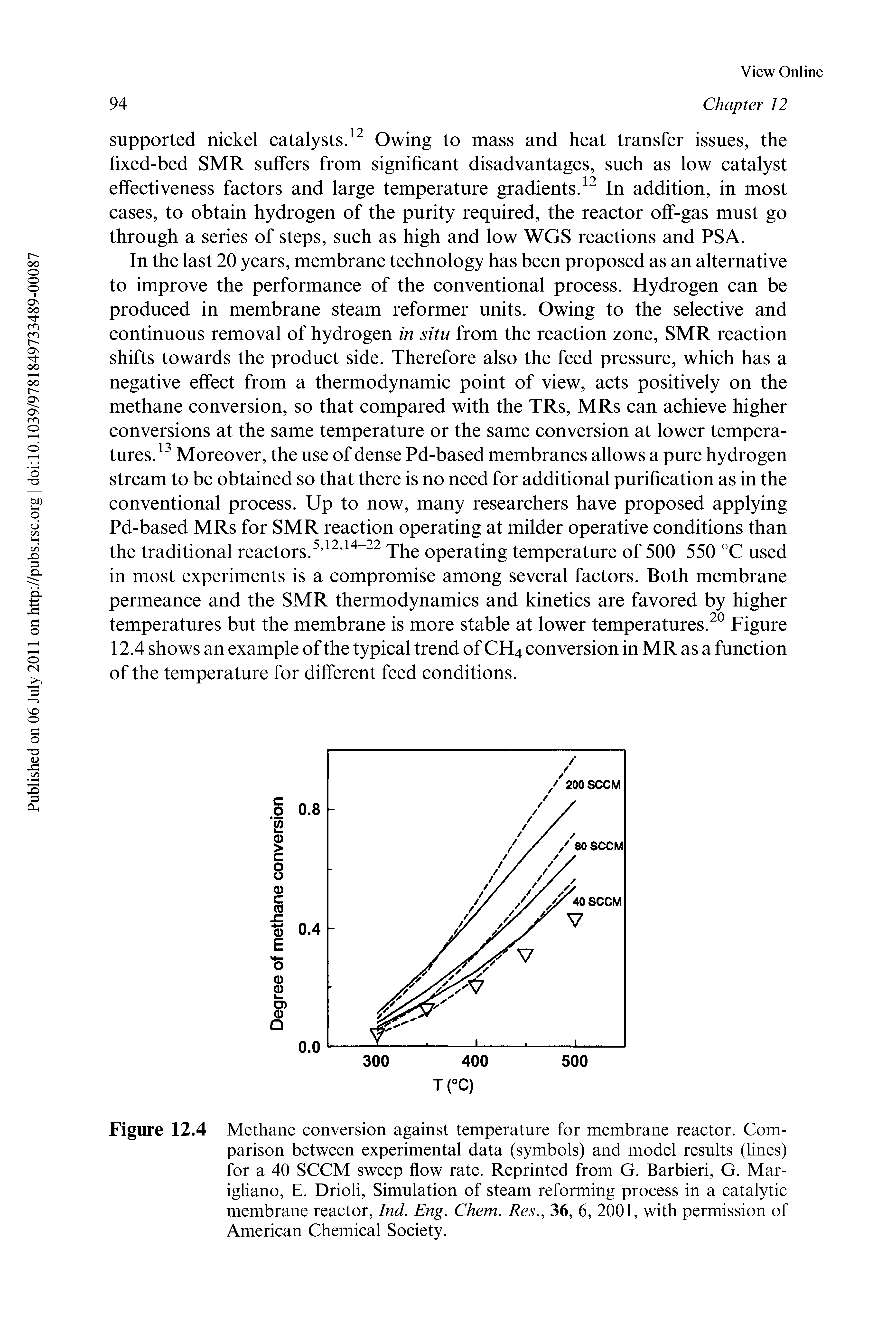 Figure 12.4 Methane conversion against temperature for membrane reactor. Comparison between experimental data (symbols) and model results (lines) for a 40 SCCM sweep flow rate. Reprinted from G. Barbieri, G. Mar-igliano, E. Drioli, Simulation of steam reforming process in a catalytic membrane reactor, Ind. Eng. Chem. Res., 36, 6, 2001, with permission of American Chemical Society.