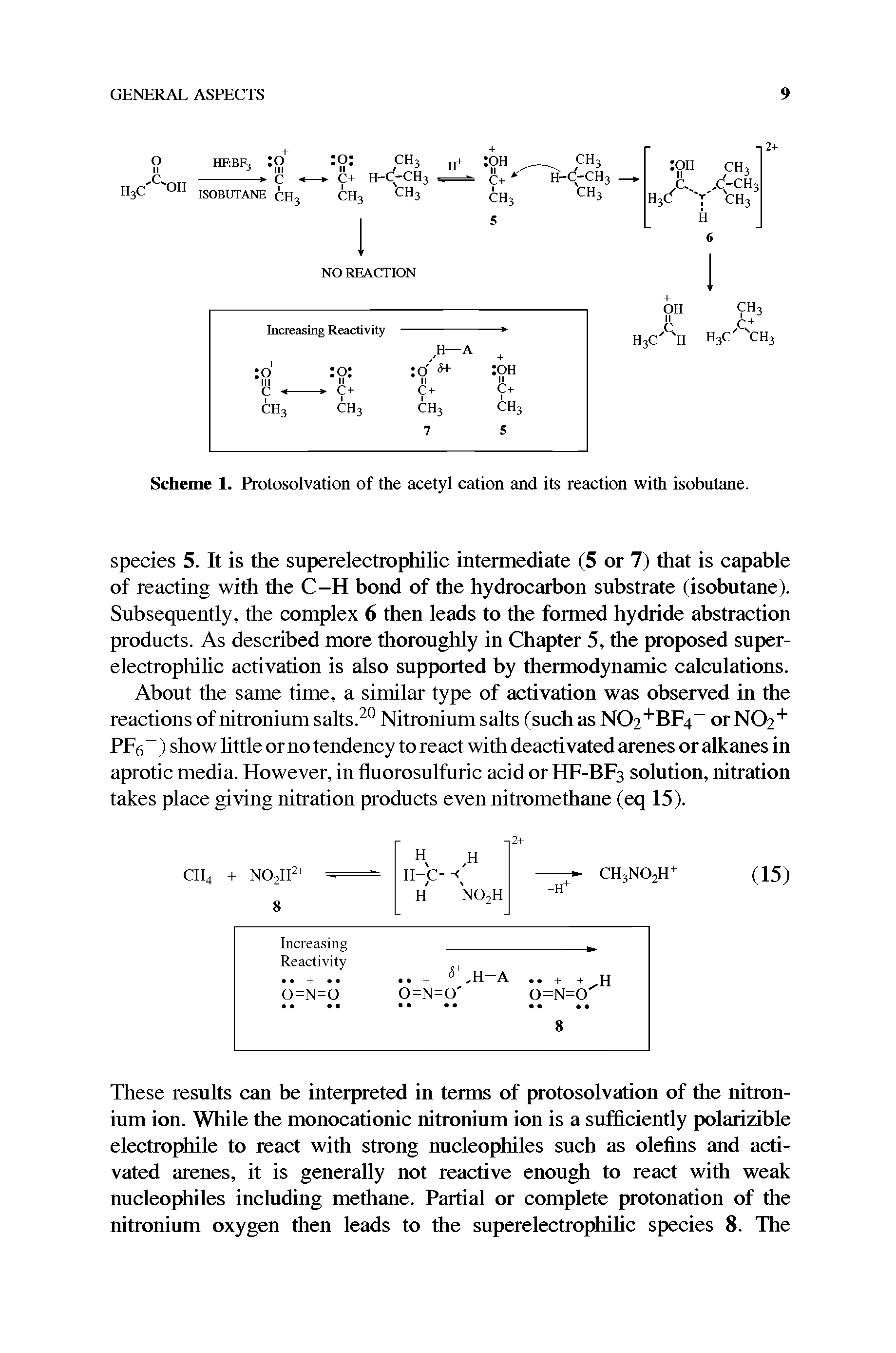 Scheme 1. Protosolvation of the acetyl cation and its reaction with isobutane.