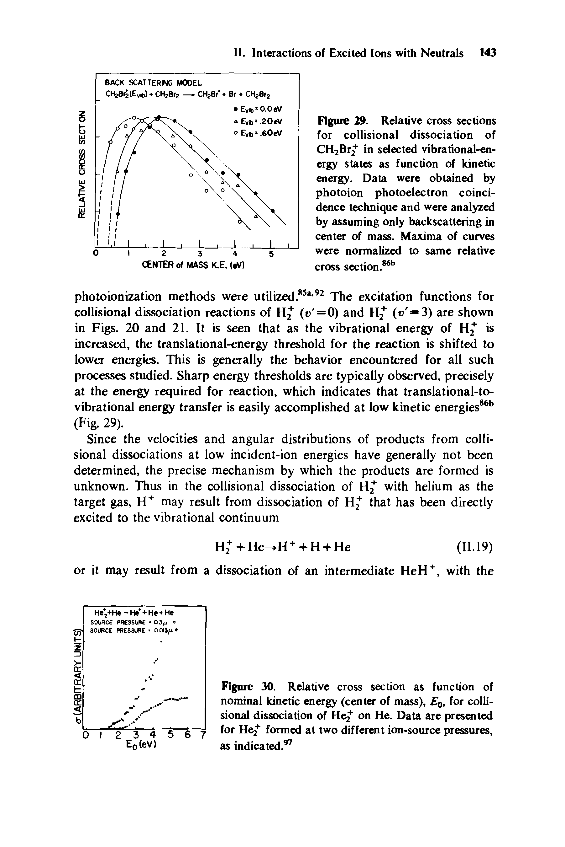 Figure 29. Relative cross sections for collisional dissociation of CHjBr in selected vibrational-energy states as function of kinetic energy. Data were obtained by photoion photoelectron coincidence technique and were analyzed by assuming only backscattering in center of mass. Maxima of curves were normalized to same relative cross section.86b...