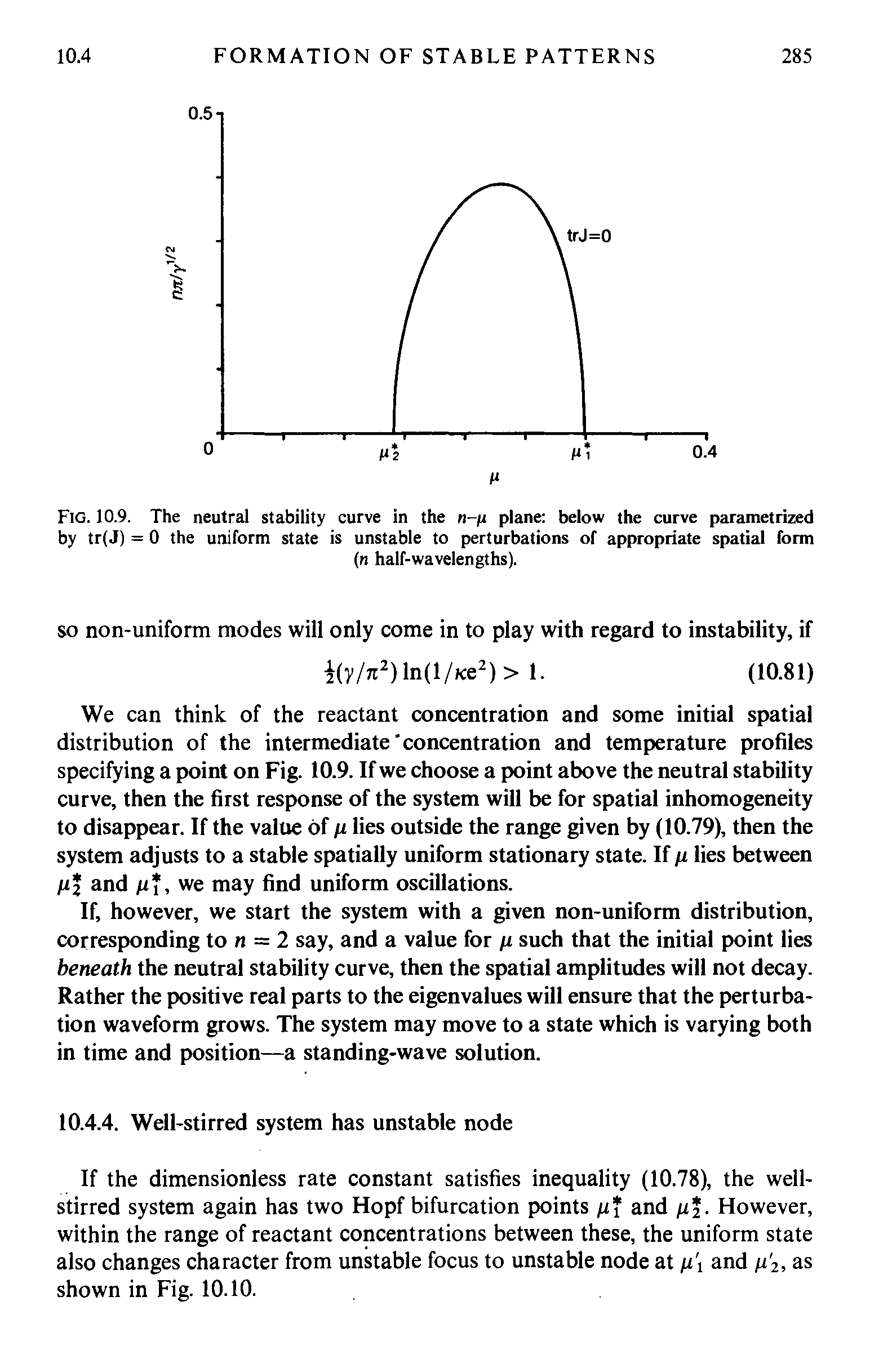 Fig. 10.9. The neutral stability curve in the n n plane below the curve parametrized by tr(J) = 0 the uniform state is unstable to perturbations of appropriate spatial form...