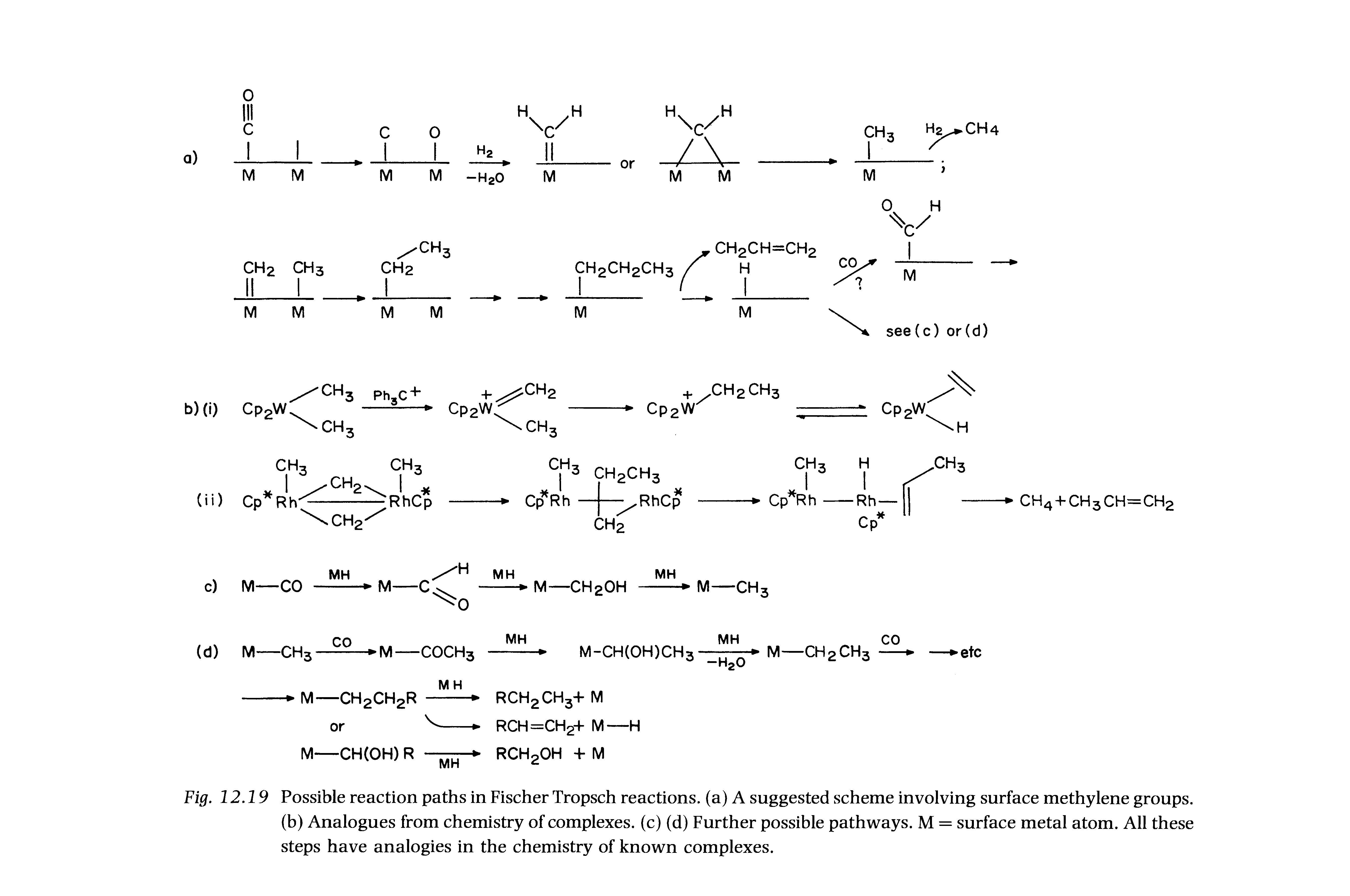 Fig. 12.19 Possible reaction paths in Fischer Tropsch reactions, (a) A suggested scheme involving surface methylene groups.