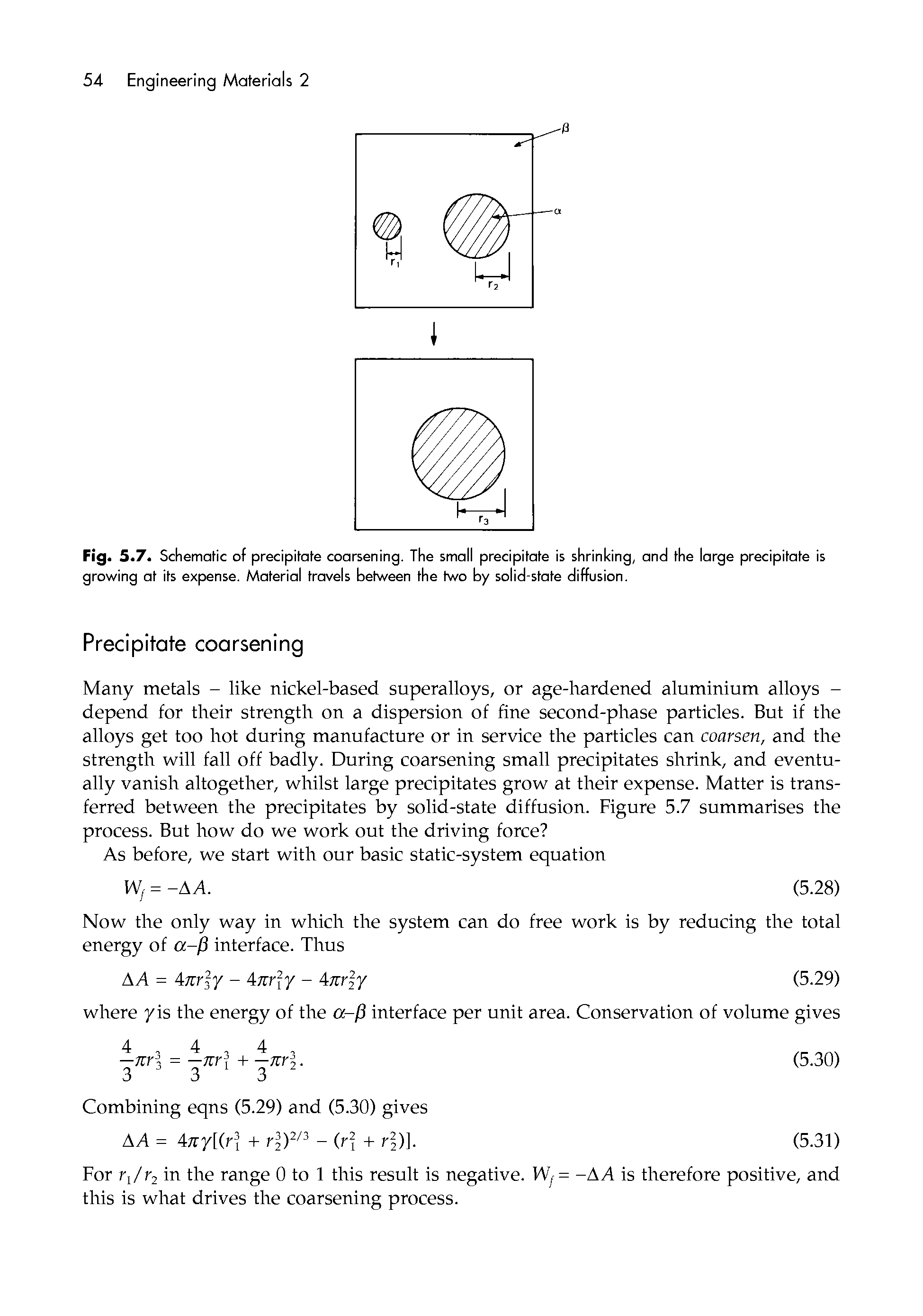 Fig. 5.7. Schematic of precipitate coarsening. The small precipitate is shrinking, and the large precipitate is growing at its expense. Material travels between the two by solid-state diffusion.