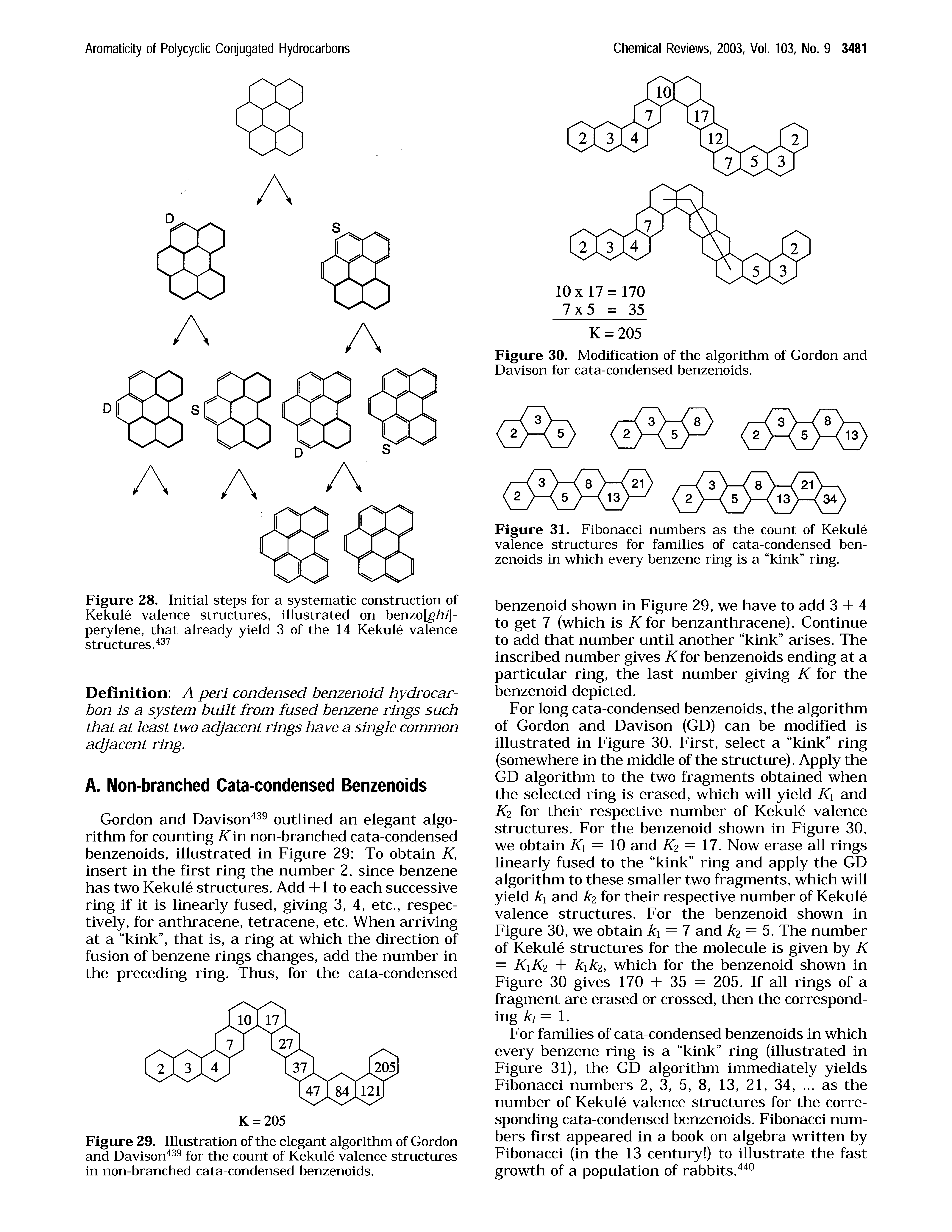 Figure 31. Fibonacci numbers as the count of Kekule valence structures for families of cata-condensed benzenoids in which every benzene ring is a kink ring.