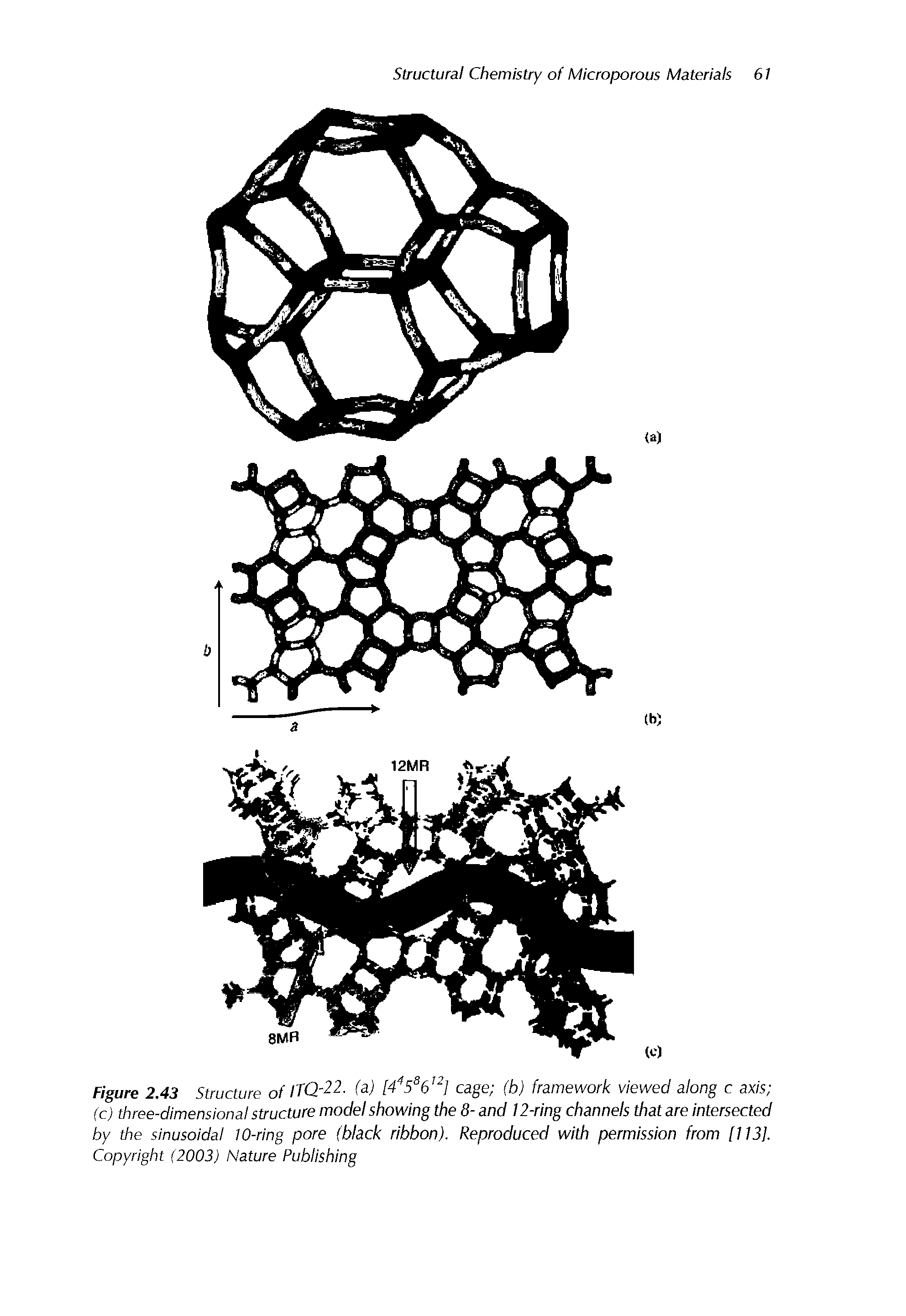 Figure 2.43 Structure of lTQ-22. (a) [4458612] cage (b) framework viewed along c axis (c) three-dimensional structure model showing the 8- and 12-ring channels that are intersected by the sinusoidal 10-ring pore (black ribbon). Reproduced with permission from [ 113], Copyright (2003) Nature Publishing...