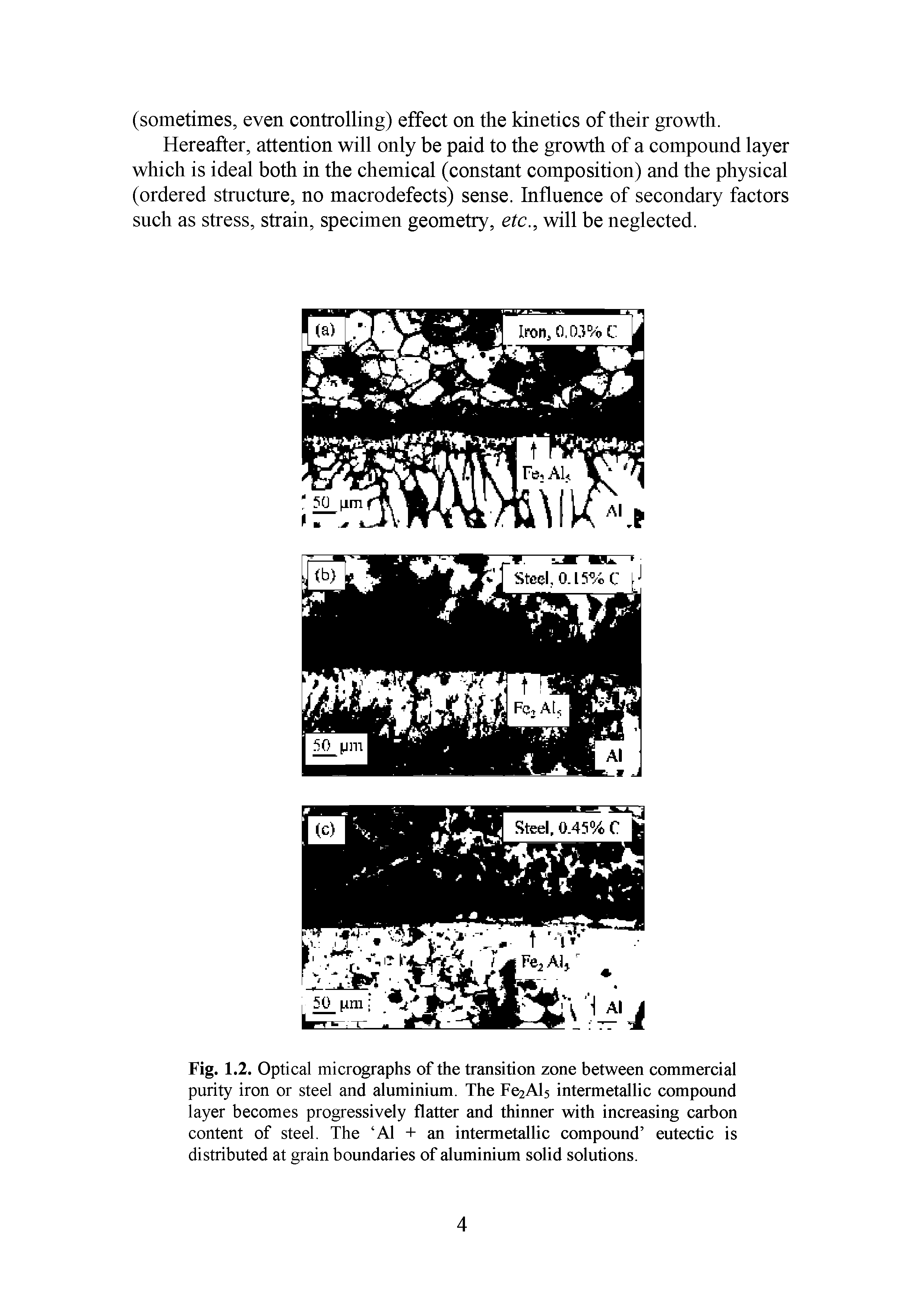 Fig. 1.2. Optical micrographs of the transition zone between commercial purity iron or steel and aluminium. The Fe2Al5 intermetallic compound layer becomes progressively flatter and thinner with increasing carbon content of steel. The A1 + an intermetallic compound eutectic is distributed at grain boundaries of aluminium solid solutions.