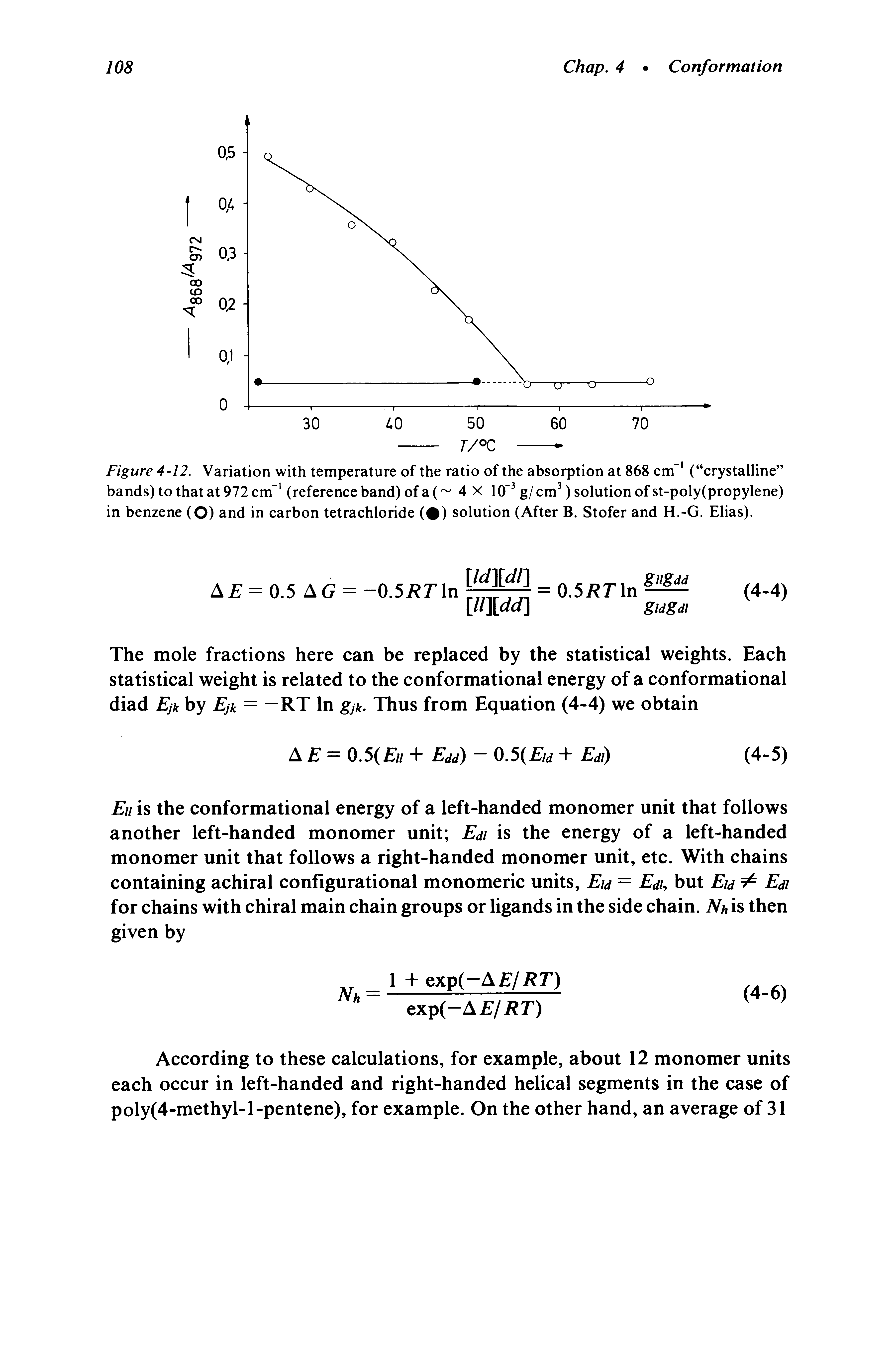 Figure 4-12. Variation with temperature of the ratio of the absorption at 868 cm" ( crystalline bands) to that at 972 cm" (reference band) of a ( 4 X 10" g/ cm ) solution of st-poly(propylene) in benzene (O) and in carbon tetrachloride ( ) solution (After B. Stofer and H.-G. Elias).