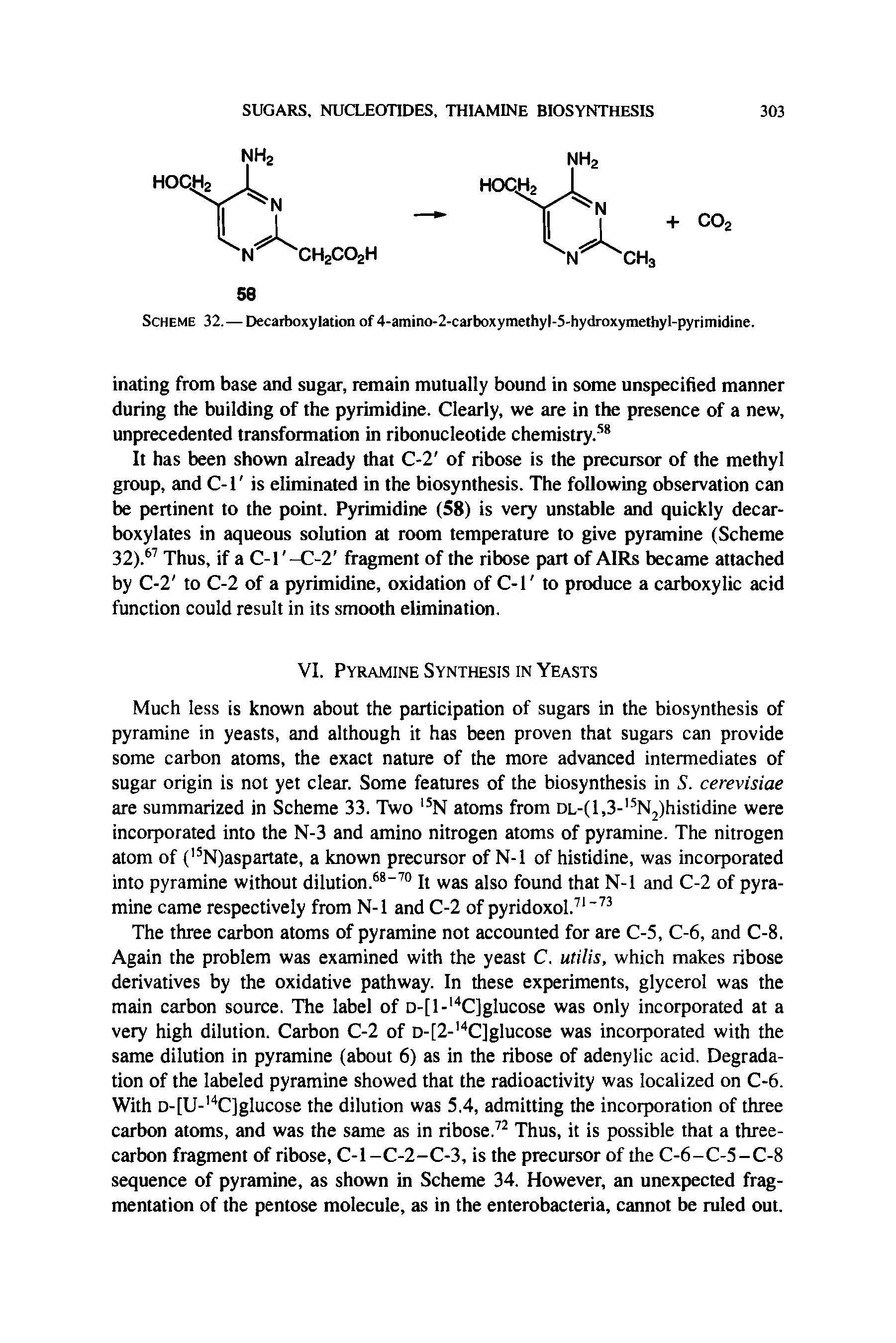 Scheme 32.—Decarboxylation of 4-amino-2-carboxymethyl-5-hydroxymethyl-pyrimidine.