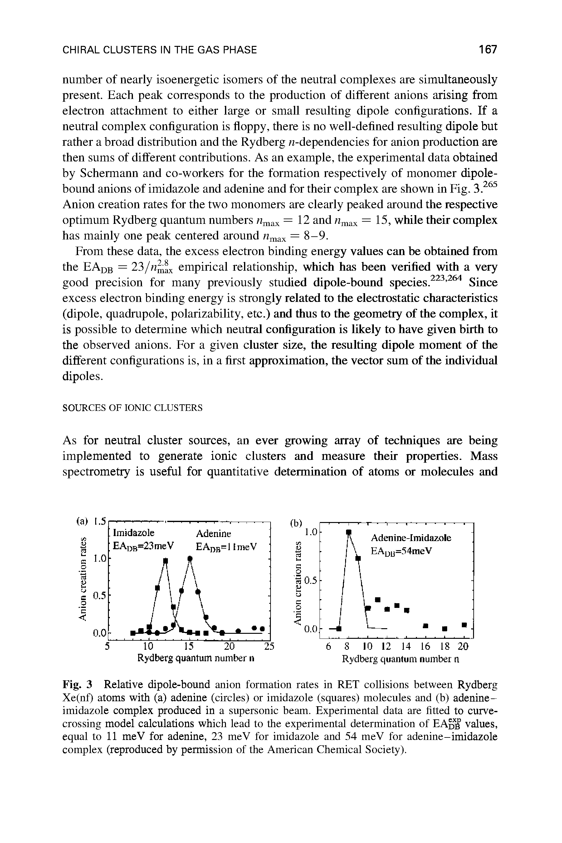 Fig. 3 Relative dipole-bound anion formation rates in RET collisions between Rydberg Xe(nf) atoms with (a) adenine (circles) or imidazole (squares) molecules and (b) adenine-imidazole complex produced in a supersonic beam. Experimental data are fitted to curvecrossing model calculations which lead to the experimental determination of EAdS values, equal to 11 meV for adenine, 23 meV for imidazole and 54 meV for adenine-imidazole complex (reproduced by permission of the American Chemical Society).