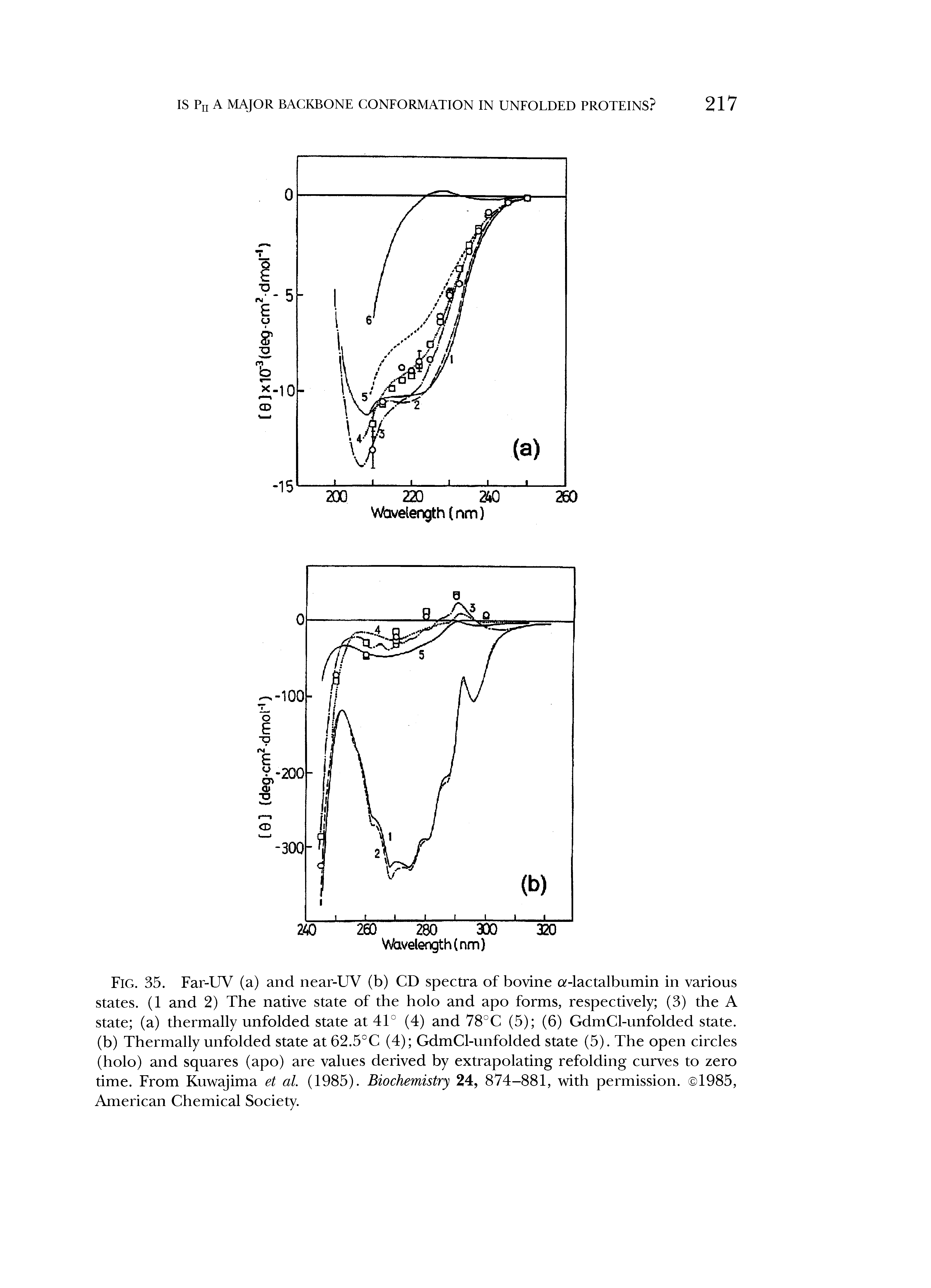 Fig. 35. Far-UV (a) and near-UV (b) CD spectra of bovine Q -lactalbumin in various states. (1 and 2) The native state of the holo and apo forms, respectively (3) the A state (a) thermally unfolded state at 41° (4) and 78°C (5) (6) GdmCl-unfolded state, (b) Thermally unfolded state at 62.5°C (4) GdmCl-unfolded state (5). The open circles (holo) and squares (apo) are values derived by extrapolating refolding curves to zero time. From Kuwajima et al. (1985). Biochemistry 24, 874-881, with permission. 1985, American Chemical Society.