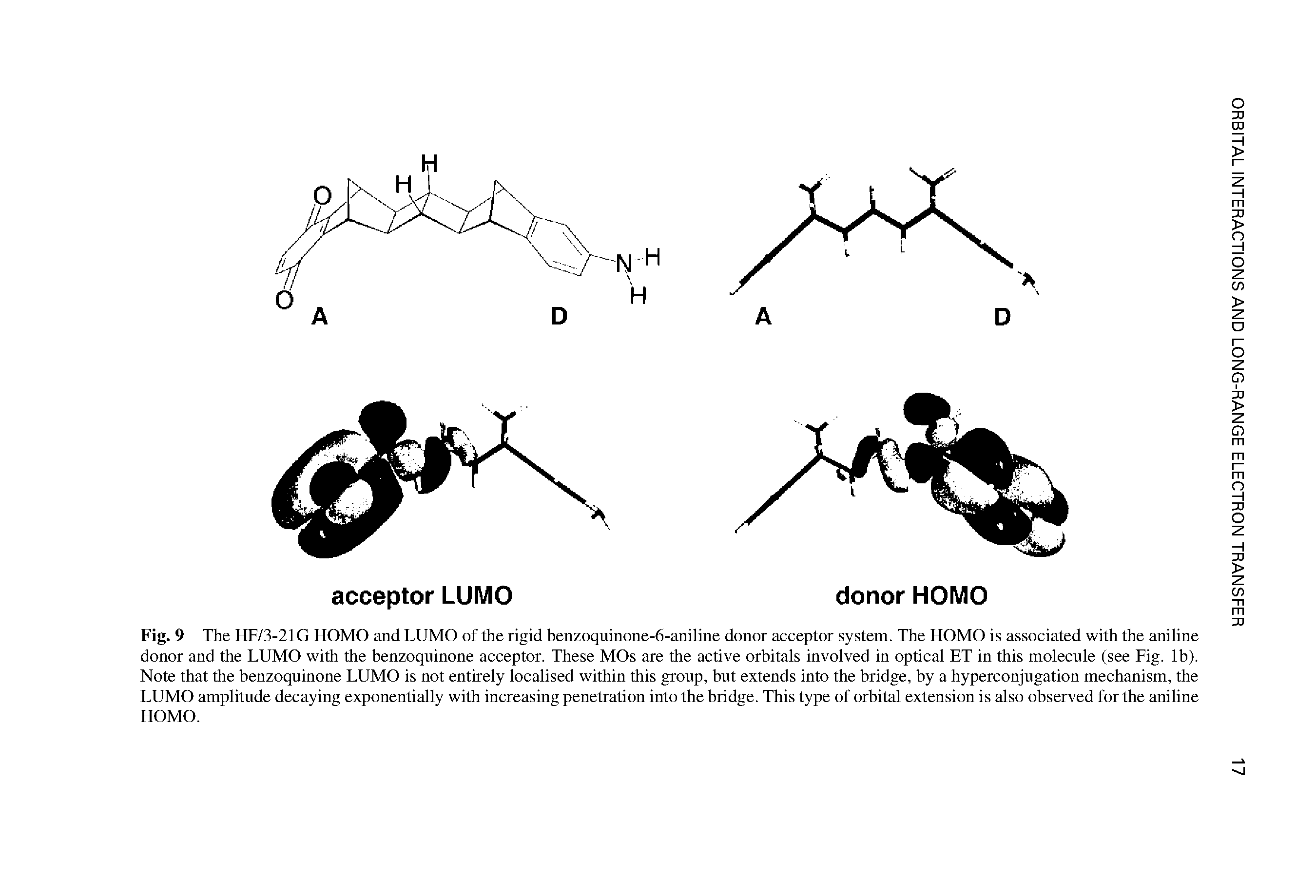 Fig. 9 The HF/3-21G HOMO and LUMO of the rigid benzoquinone-6-aniline donor acceptor system. The HOMO is associated with the aniline donor and the LUMO with the benzoquinone acceptor. These MOs are the active orbitals involved in optical ET in this molecule (see Fig. lb). Note that the benzoquinone LUMO is not entirely localised within this group, but extends into the bridge, by a hyperconjugation mechanism, the LUMO amplitude decaying exponentially with increasing penetration into the bridge. This type of orbital extension is also observed for the aniline HOMO.