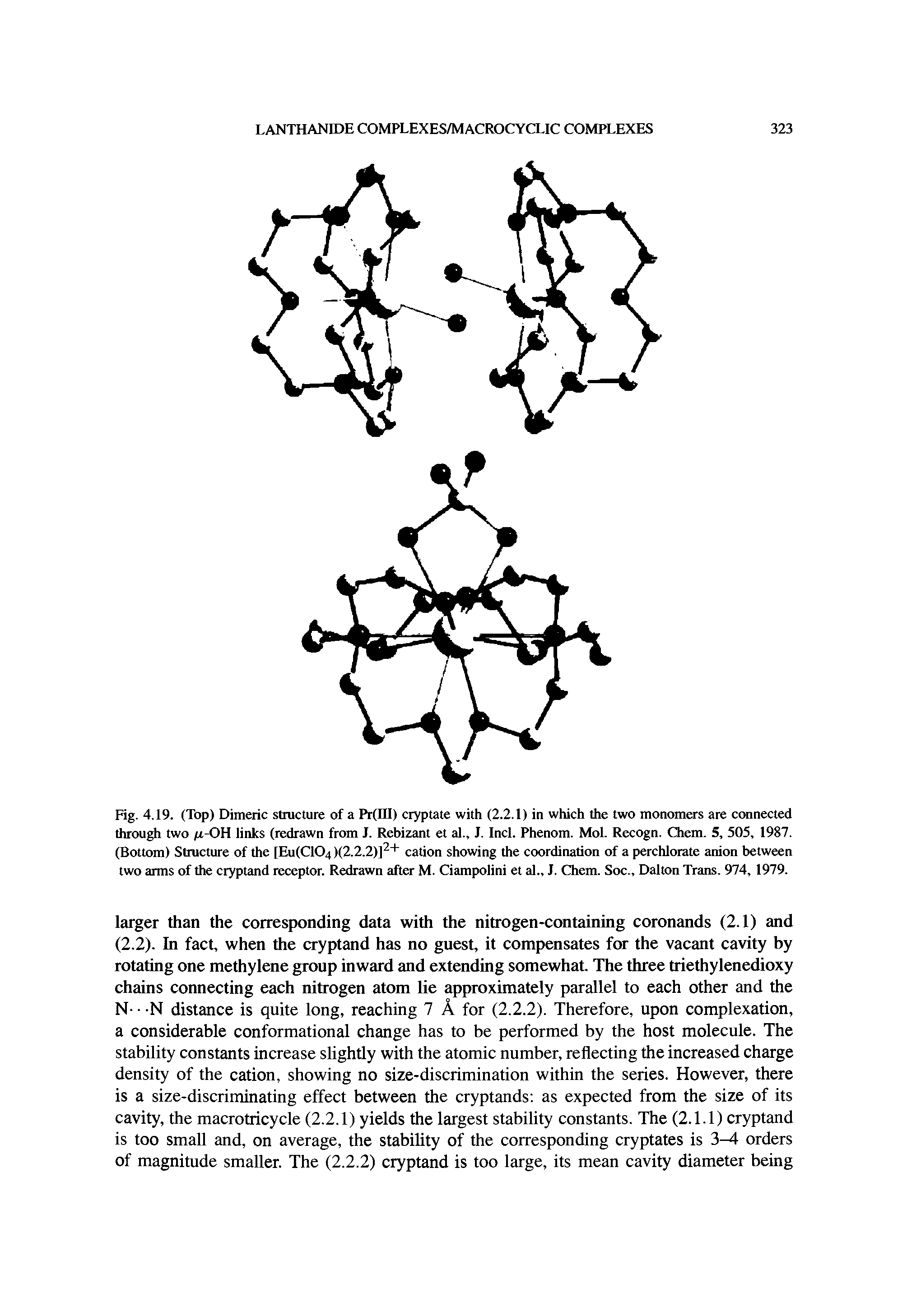 Fig. 4.19. (Top) Dimeric structure of a Pr(III) cryptate with (2.2.1) in which the two monomers are connected through two /r-OH links (redrawn from J. Rebizant et al., J. Incl. Phenom. Mol. Recogn. Chem. 5, 505, 1987. (Bottom) Structure of the [Eu(C104 )(2.2.2)]2+ cation showing the coordination of a perchlorate anion between two arms of the cryptand receptor. Redrawn after M. Ciampolini et al., J. Chem. Soc., Dalton Trans. 974, 1979.