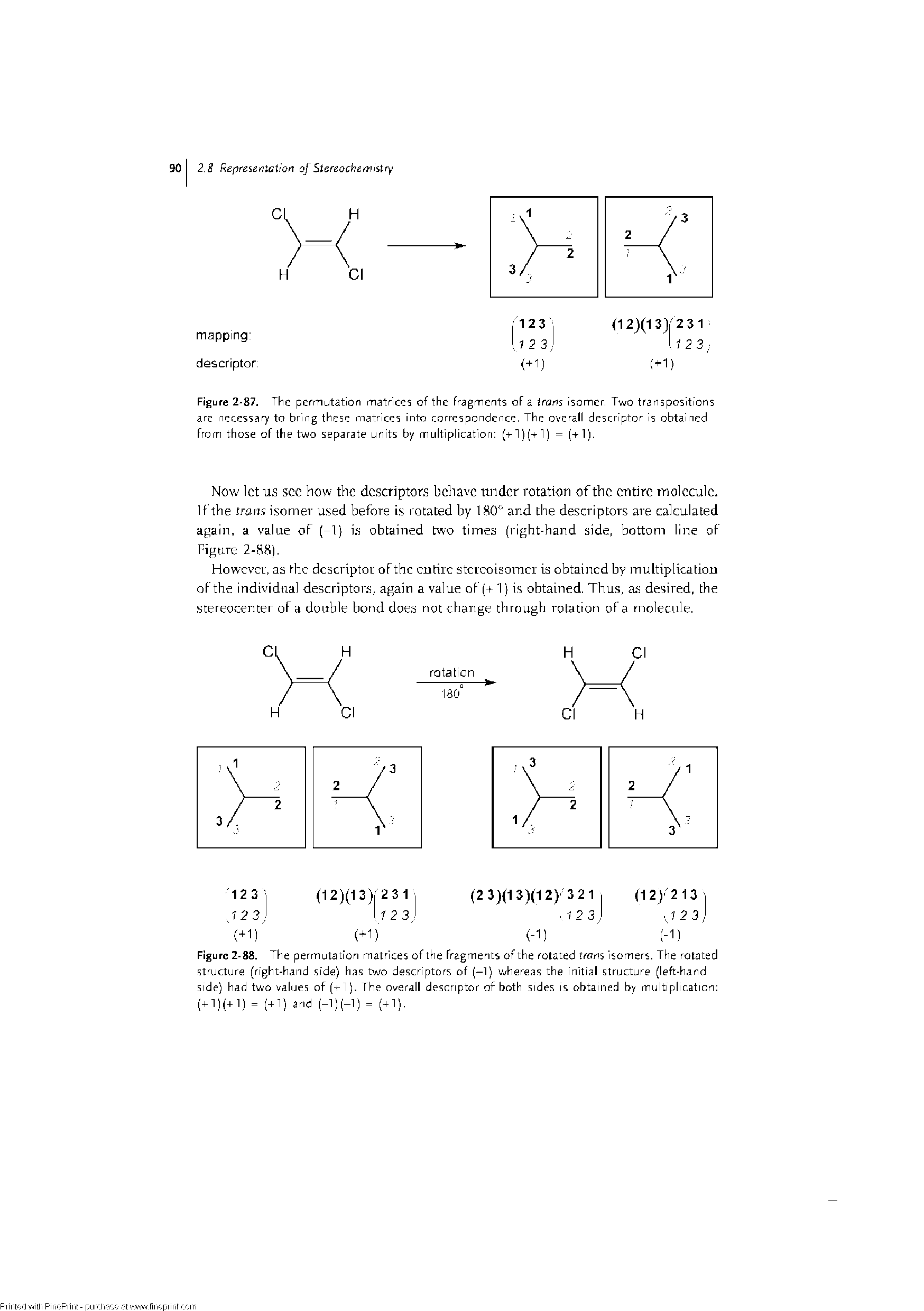 Figure 2-88. The permutation matrices of the fragments of the rotated trans Isomers. The rotated structure (right-hand side) has two descriptors of (-1) whereas the initial structure (left-hand side) had two values of (-r 1). The overall descriptor of both sides is obtained by multiplication (+1)(+1) = (41) and (-1)(-1) = (41),...