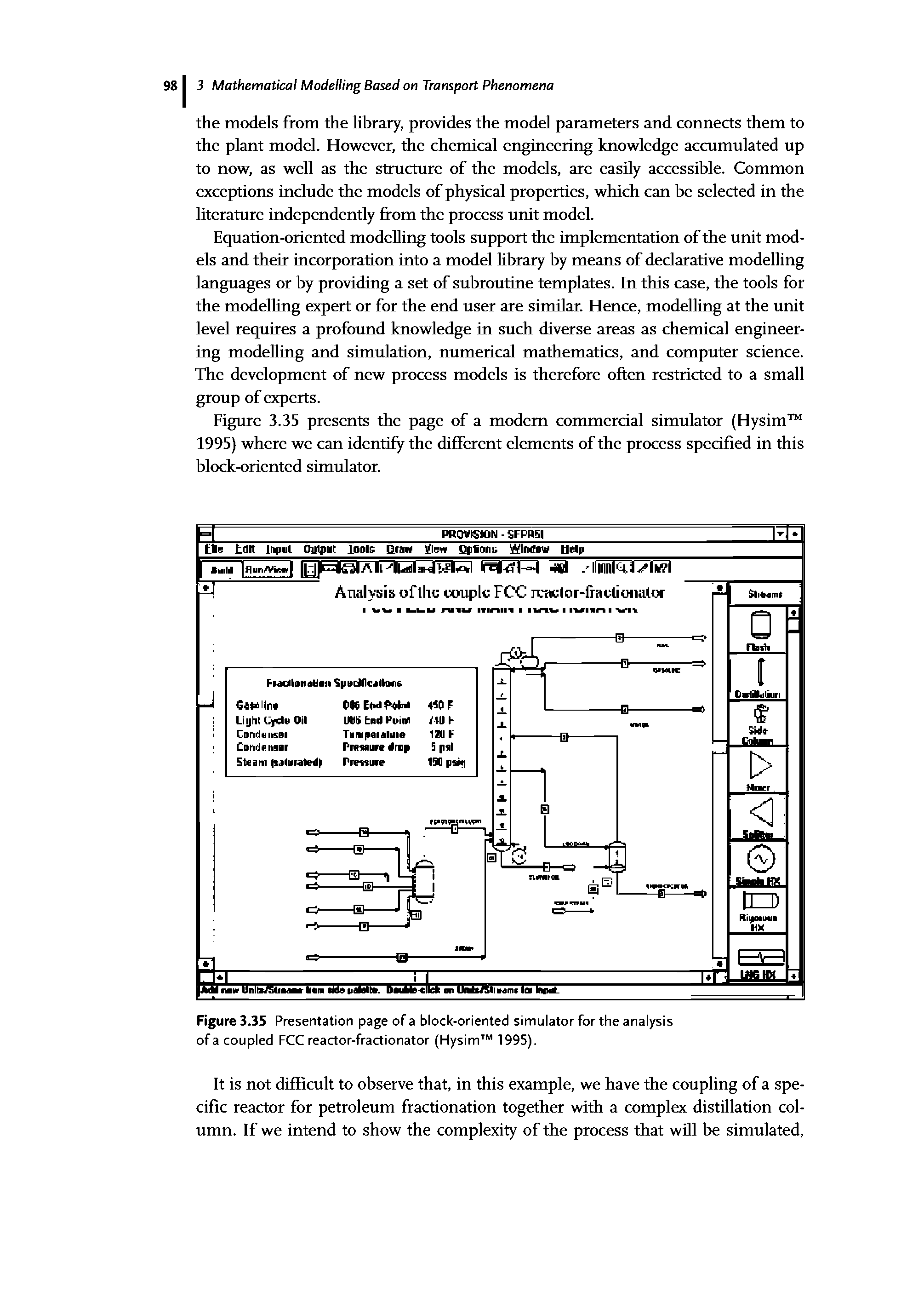 Figure 3.35 Presentation page of a block-oriented simulator for the analysis of a coupled FCC reactor-fractionator (Hysim 1995).
