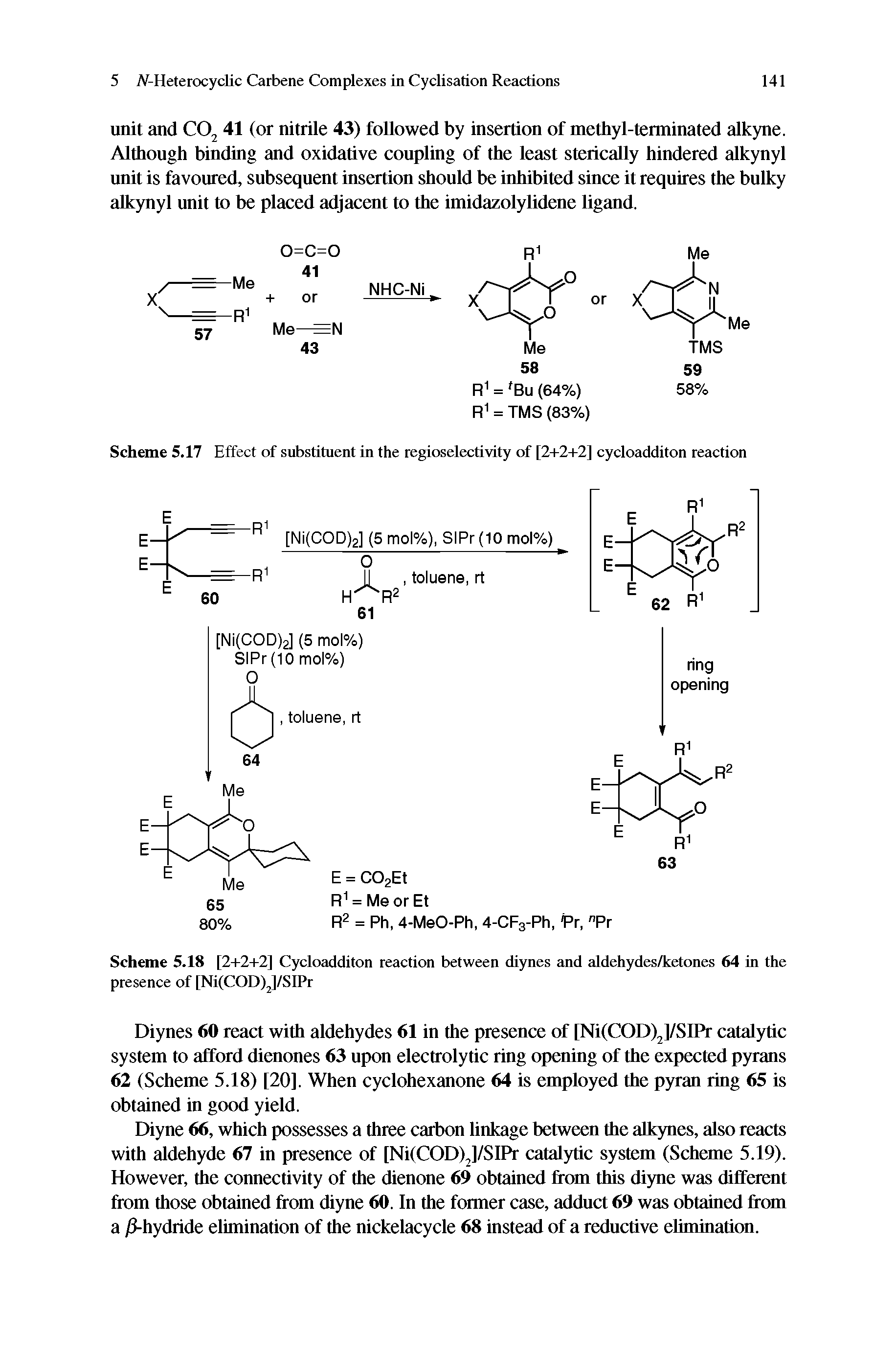 Scheme 5.18 [2+2+2] Cycloadditon reaction between diynes and aldehydes/ketones 64 in the presence of [Ni(COD)J/SIPr...