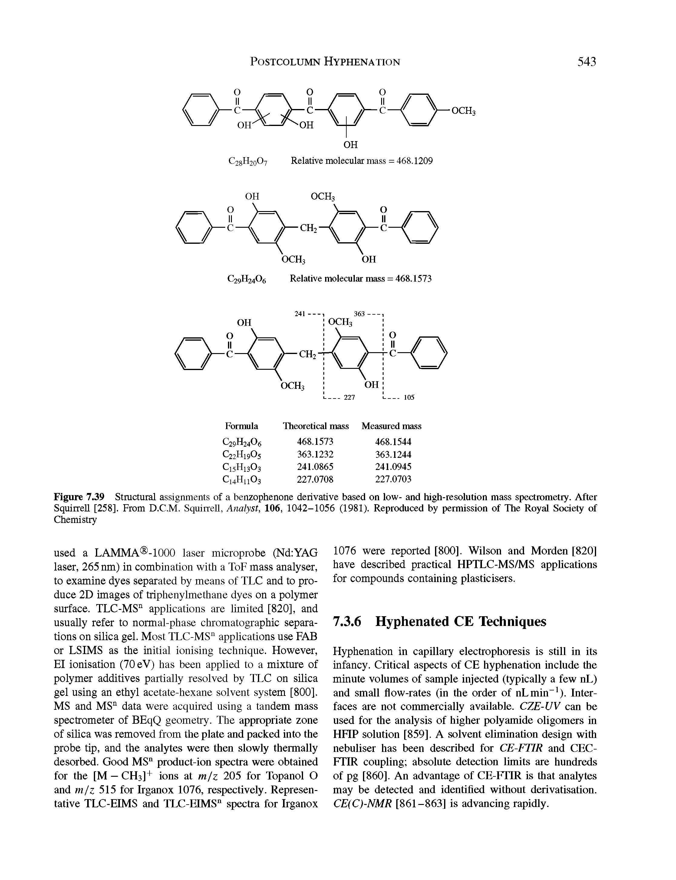 Figure 7.39 Structural assignments of a benzophenone derivative based on low- and high-resolution mass spectrometry. After Squirrell [258], From D.C.M. Squirrell, Analyst, 106, 1042-1056 (1981). Reproduced by permission of The Royal Society of Chemistry...