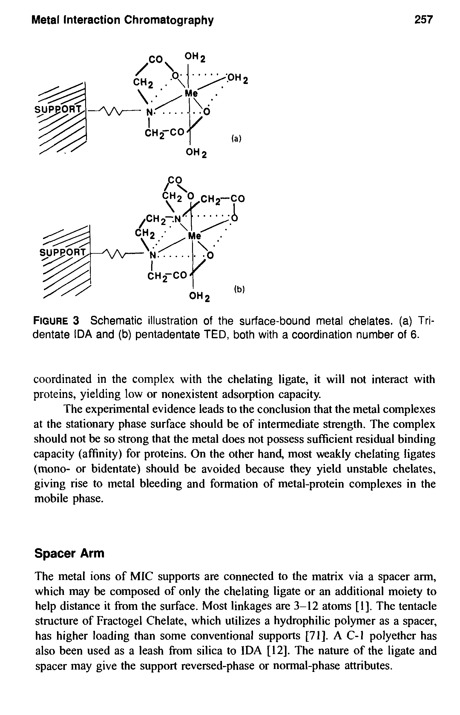 Figure 3 Schematic illustration of the surface-bound metal chelates, (a) Tri-dentate IDA and (b) pentadentate TED, both with a coordination number of 6.