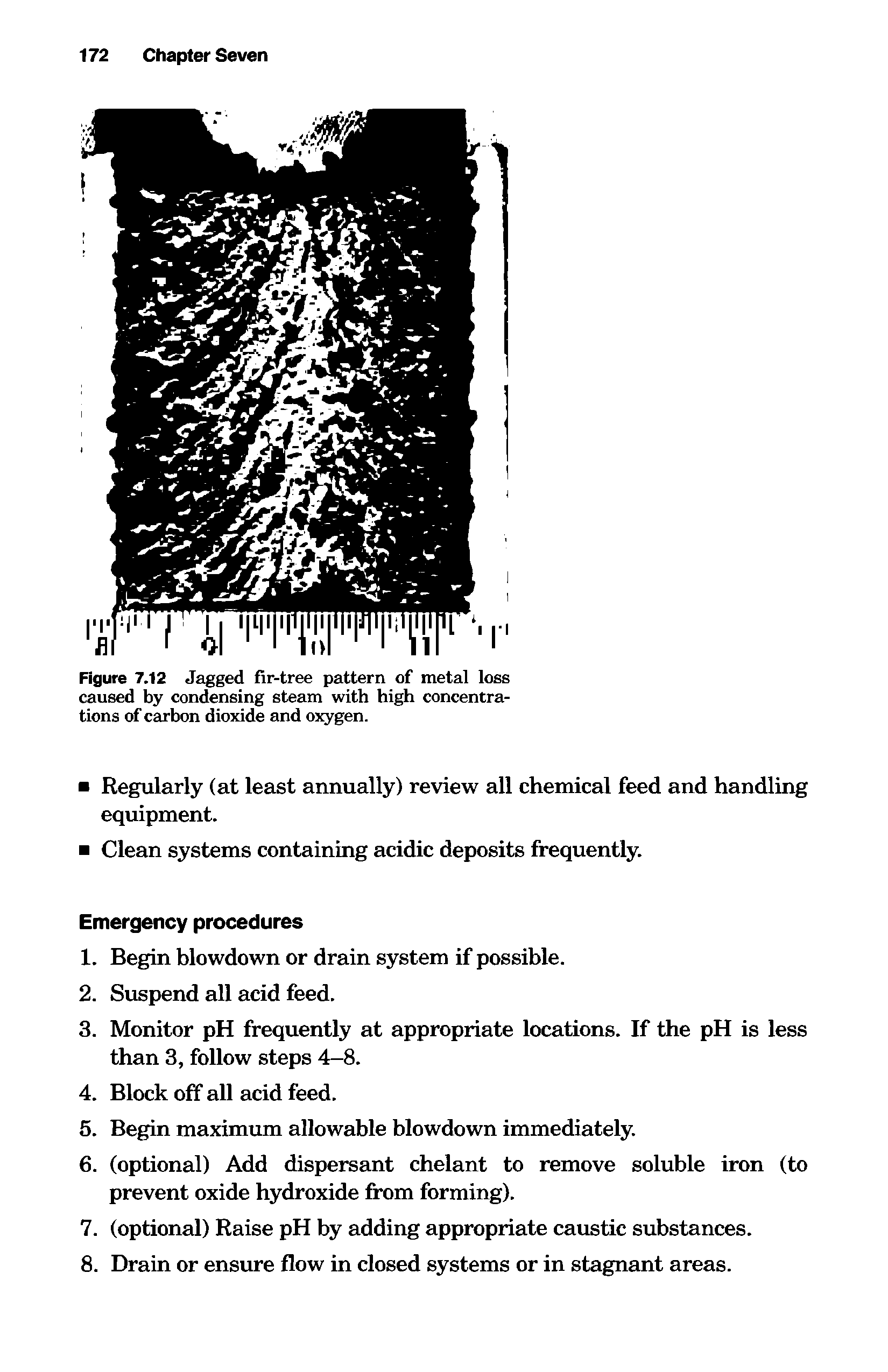 Figure 7.12 Jagged fir-tree pattern of metal loss caused by condensing steam with high concentrations of carbon dioxide and oxygen.