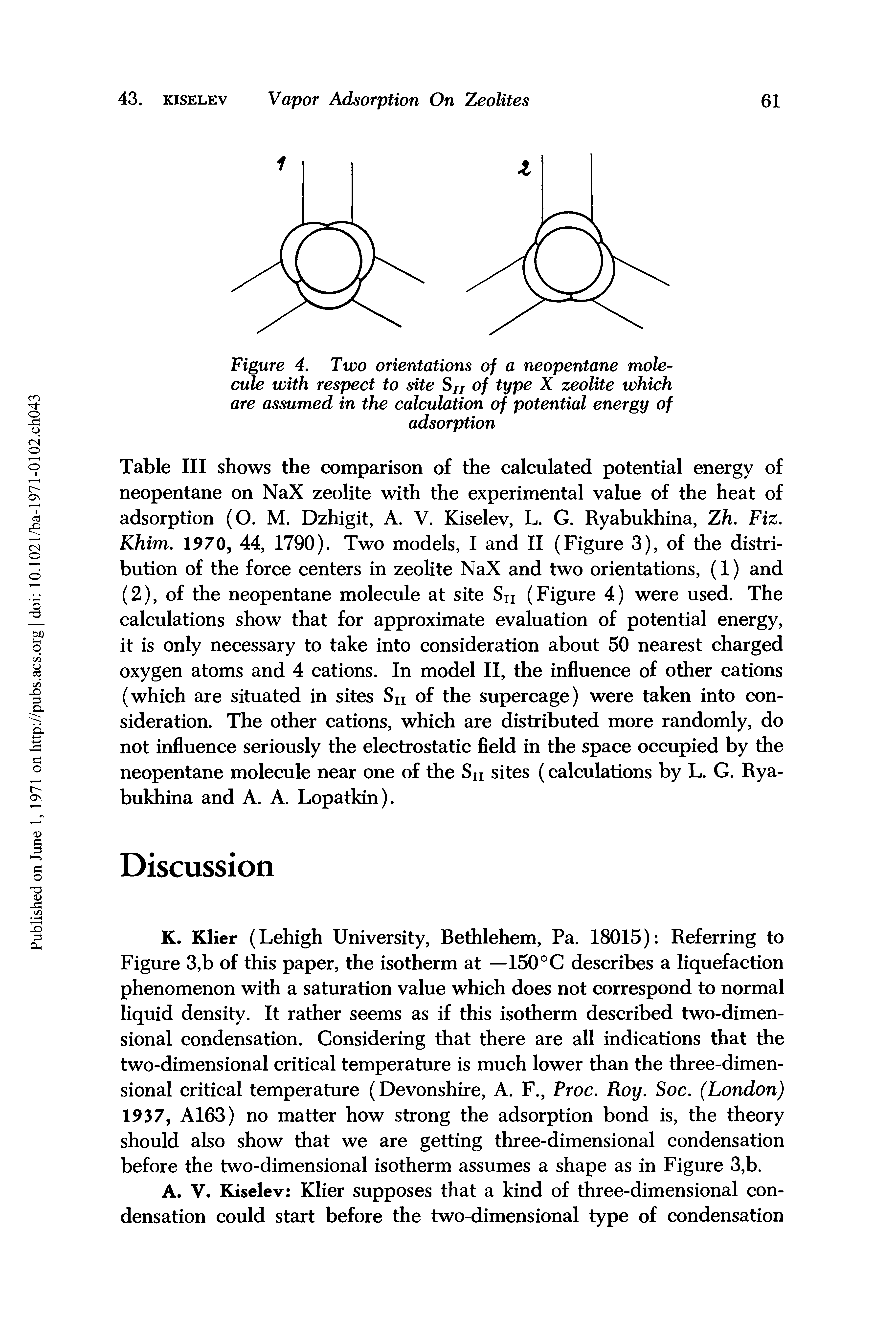 Figure 4. Two orientations of a neopentane molecule with respect to site Sjj of type X zeolite which are assumed in the calculation of potential energy of adsorption...