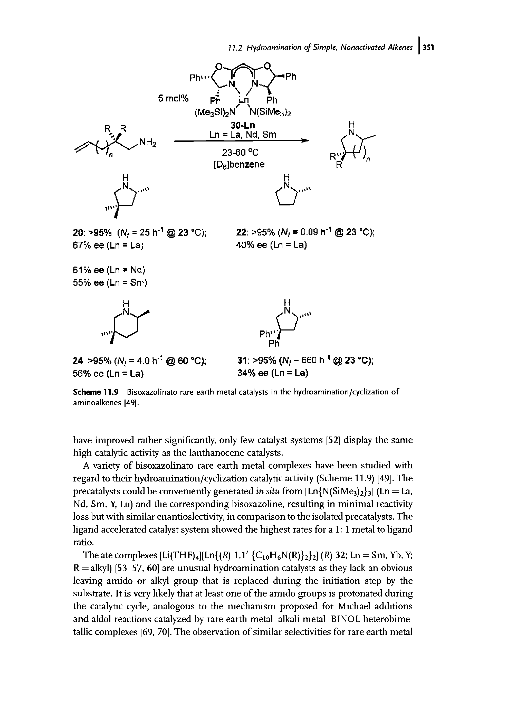 Scheme 11.9 Bisoxazolinato rare earth metal catalysts in the hydroamination/cyclization of aminoalkenes [49],...
