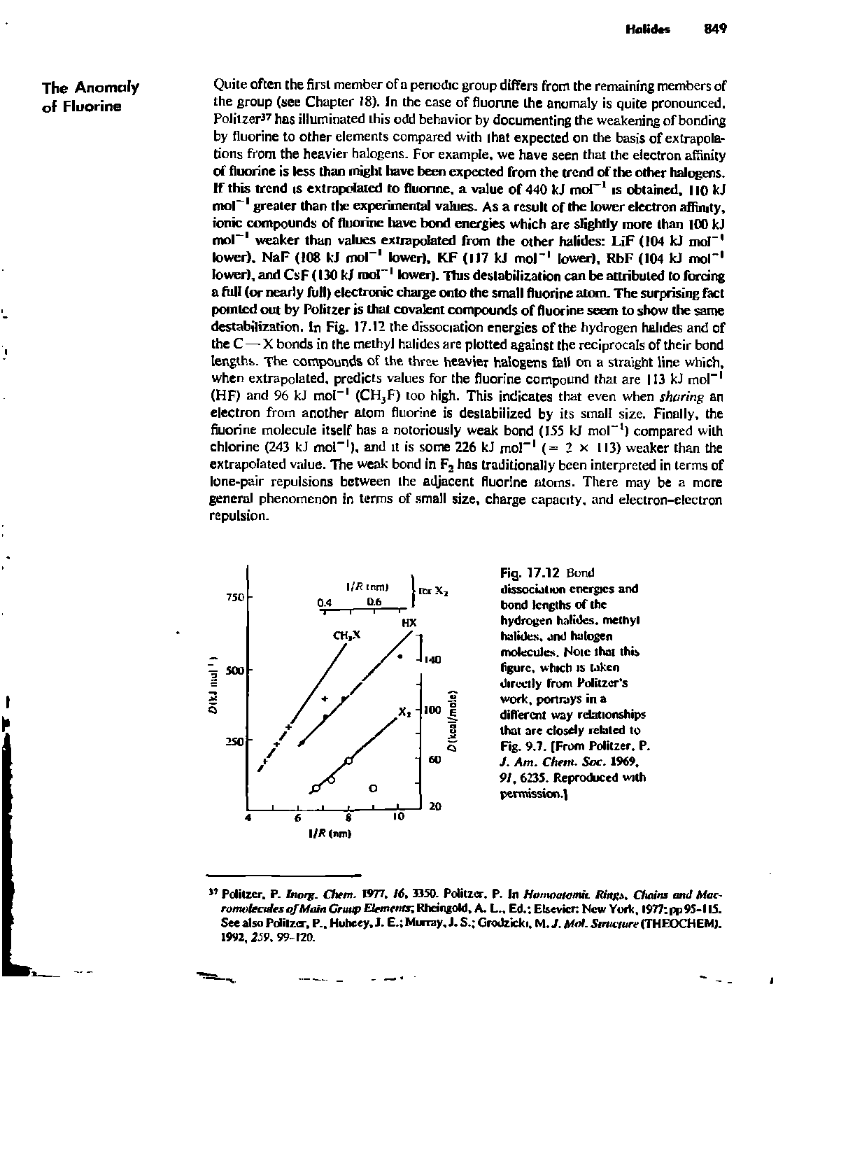 Fig. 17.12 Bond dissociation energies and bond lengths of the hydrogen halides, methyl halides, and halogen molecules. Note that this figure, which is taken directly from Politzcr s work, portrays in a different way relationships that are closely rebled to Fig. 9.7. (From Politzer. P. J. Am. Chetn. See. 1969. 91.6235. Reproduced with permission.)...