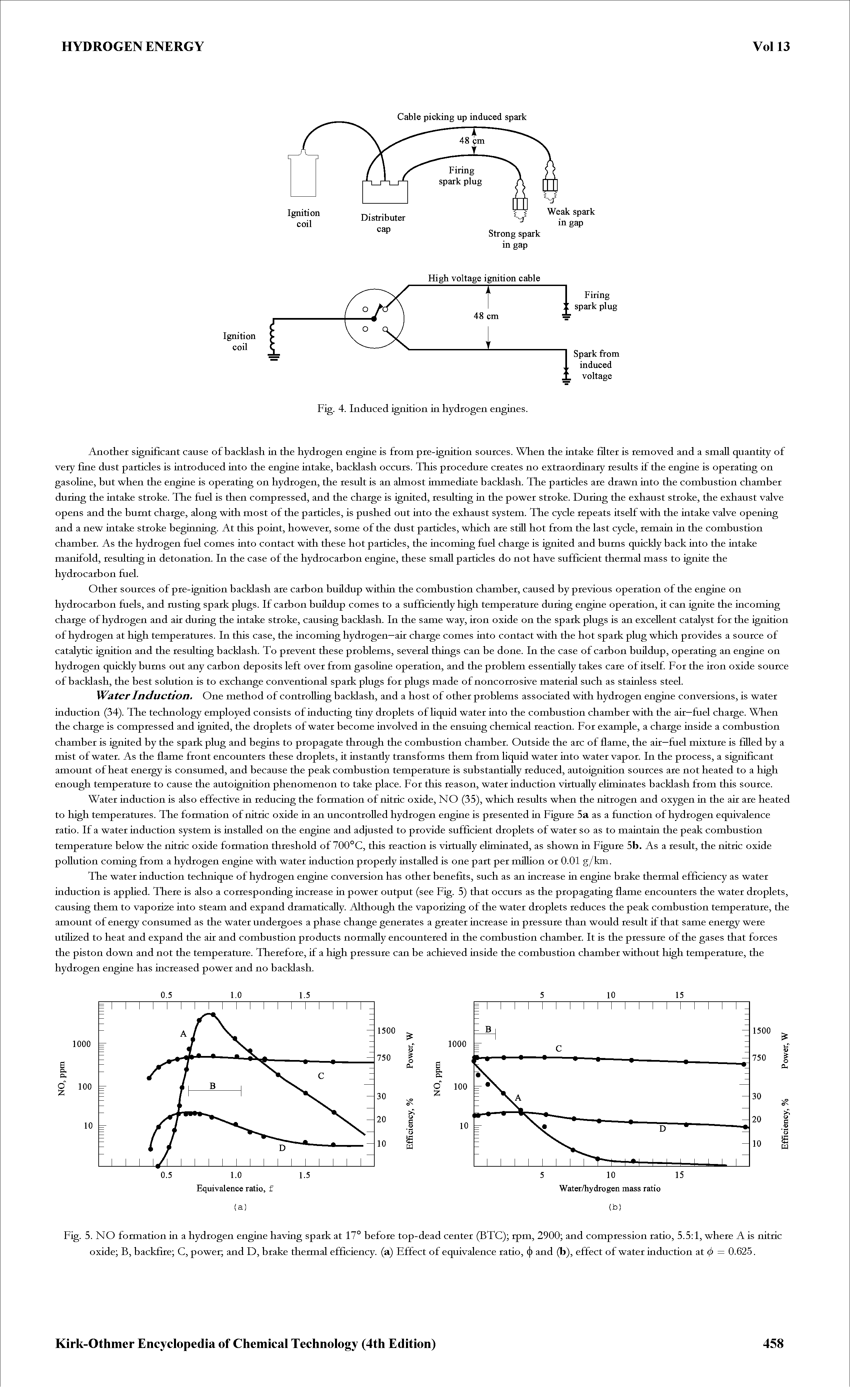 Fig. 5. NO formation in a hydrogen engine having spark at 17° before top-dead center (BTC) rpm, 2900 and compression ratio, 5.5 1, where A is nitric oxide B, backfire C, power and D, brake thermal efficiency, (a) Effect of equivalence ratio, ( ) and (b), effect of water induction at 0 = 0.625.