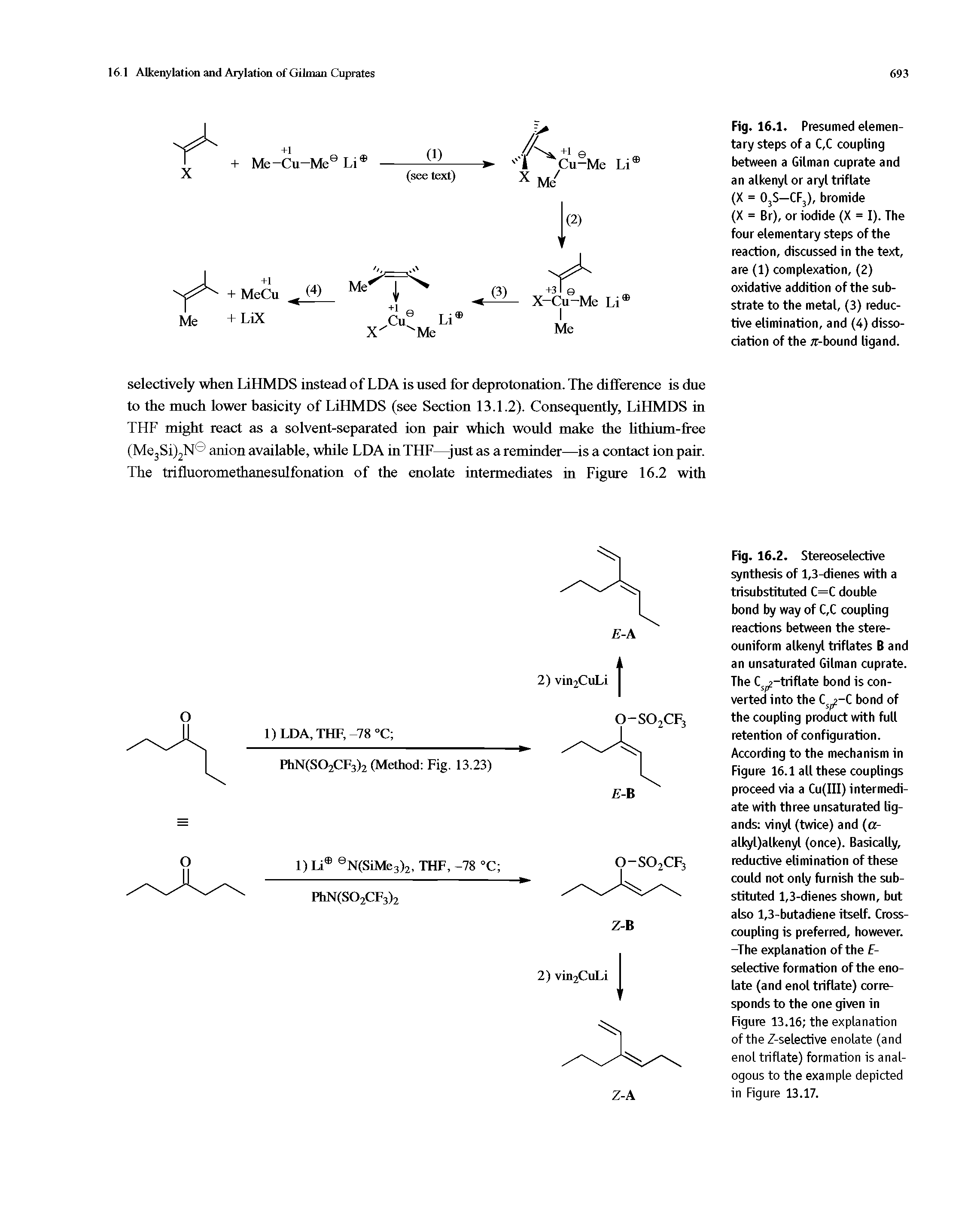 Fig. 16.1. Presumed elementary steps of a C,C coupling between a Gilman cuprate and an alkenyl or aryl triflate (X = 03S—CF3), bromide (X = Br), or iodide (X = I). The four elementary steps of the reaction, discussed in the text, are (1) complexation, (2) oxidative addition of the substrate to the metal, (3) reductive elimination, and (4) dissociation of the w-bound ligand.