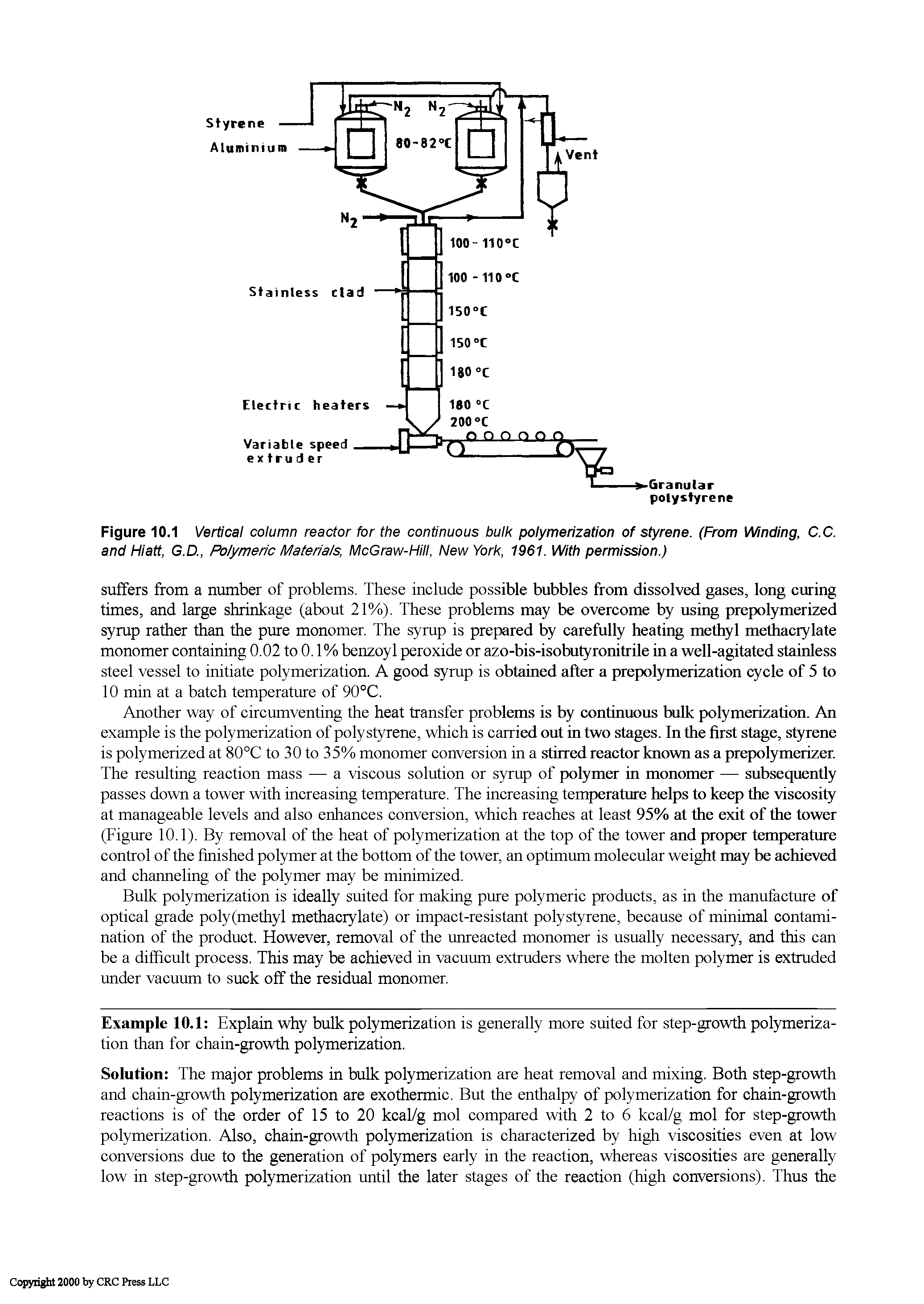 Figure 10.1 Vertical column reactor for the continuous bulk polymerization of styrene. (From Winding, C.C. and Hiatt, G.D., Polymeric Materials, McGraw-Hill, New York, 1961. With permission.)...