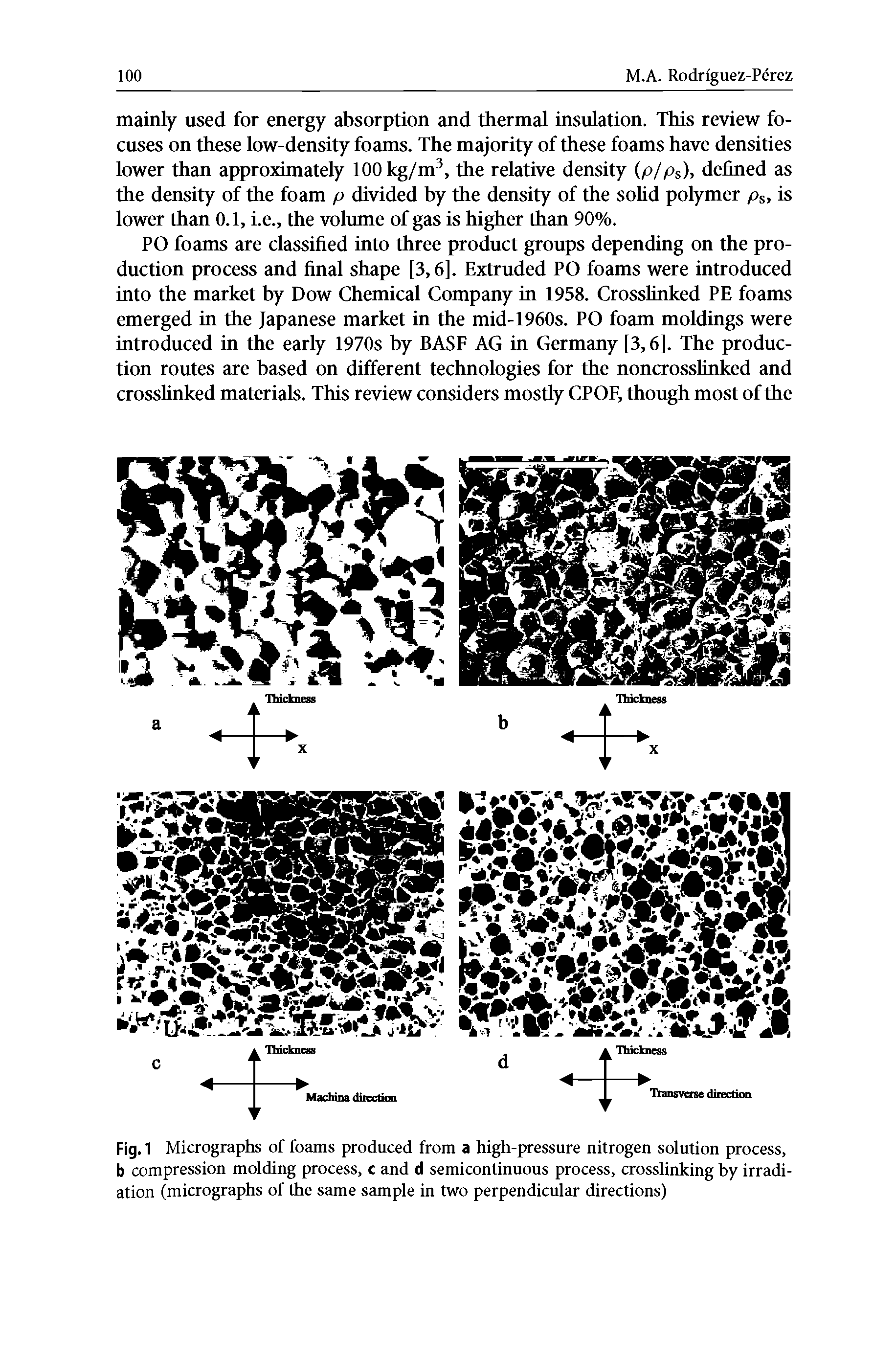 Fig. 1 Micrographs of foams produced from a high-pressure nitrogen solution process, b compression molding process, c and d semicontinuous process, crosslinking by irradiation (micrographs of the same sample in two perpendicular directions)...