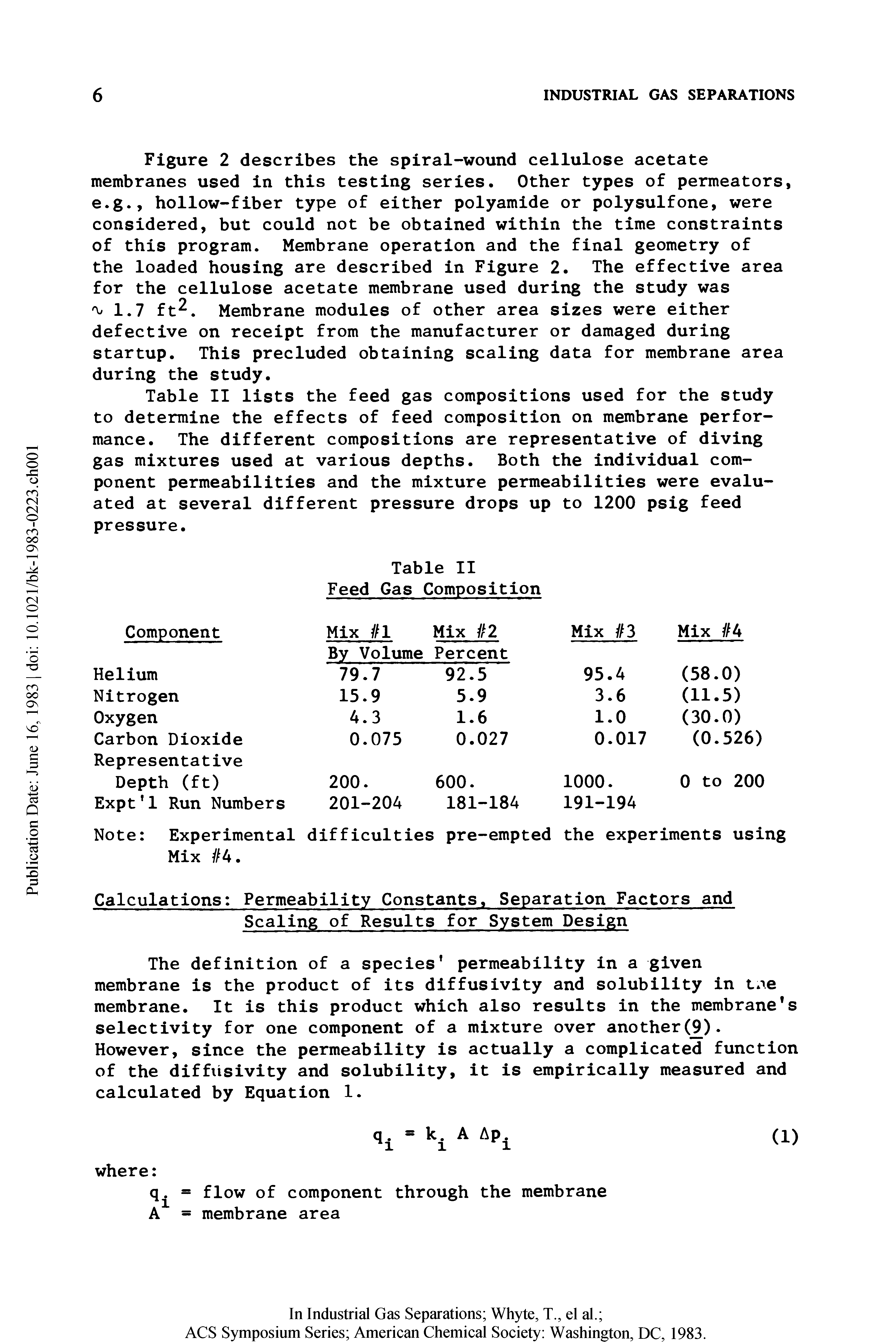 Table II lists the feed gas compositions used for the study to determine the effects of feed composition on membrane performance. The different compositions are representative of diving gas mixtures used at various depths. Both the individual component permeabilities and the mixture permeabilities were evaluated at several different pressure drops up to 1200 psig feed pressure.