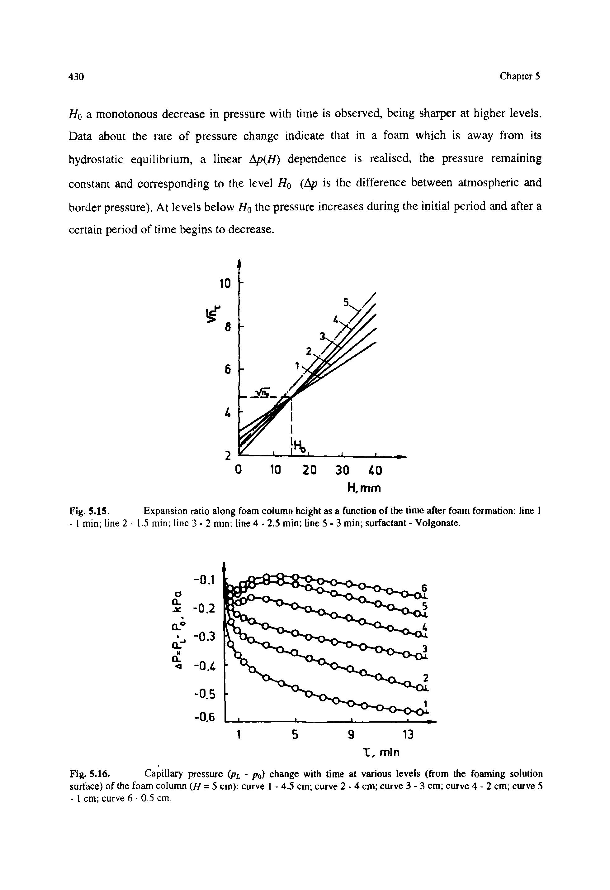 Fig. 5.15. Expansion ratio along foam column height as a function of the time after foam formation line 1...