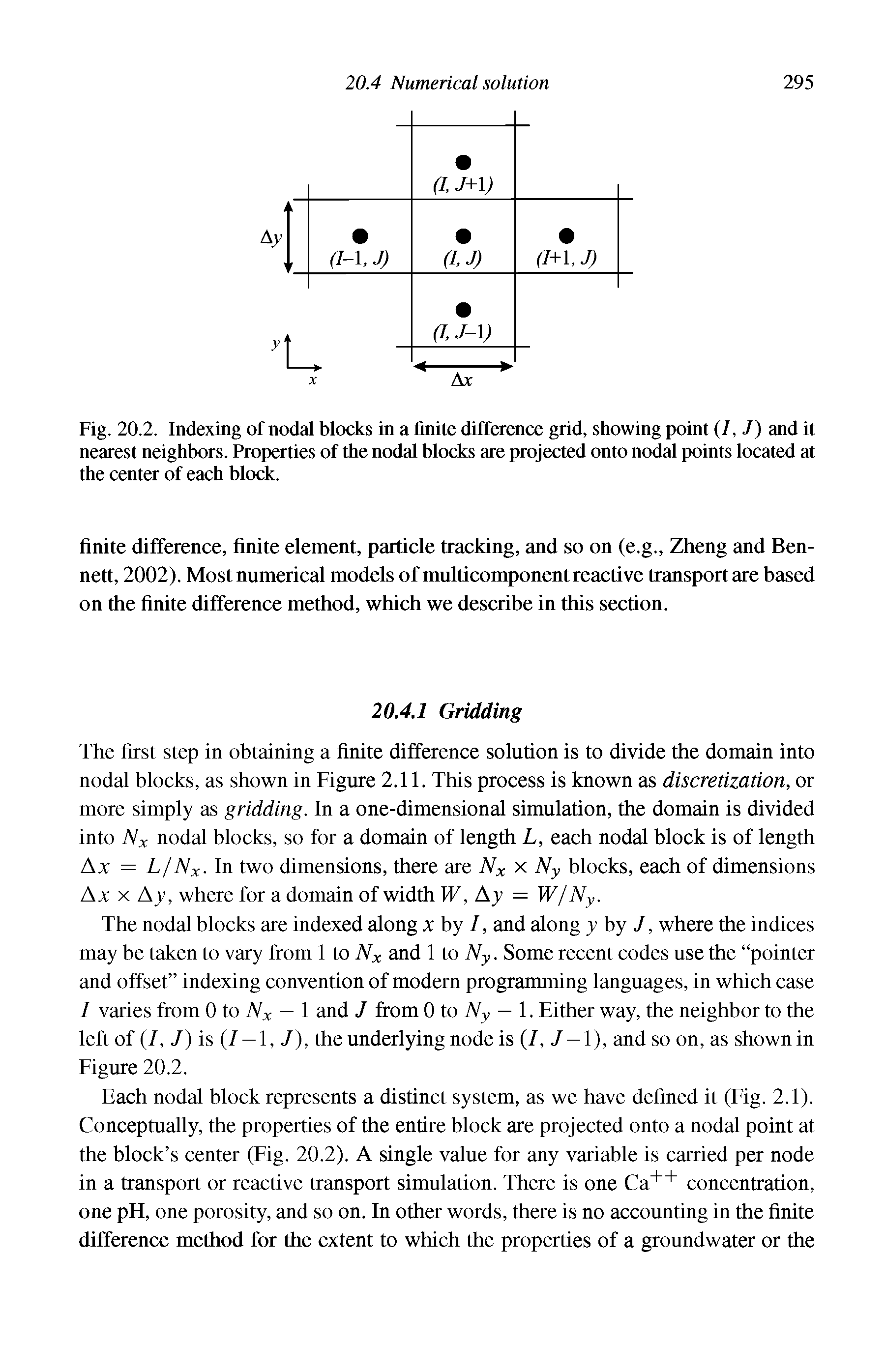 Fig. 20.2. Indexing of nodal blocks in a finite difference grid, showing point (7,./) and it nearest neighbors. Properties of the nodal blocks are projected onto nodal points located at the center of each block.