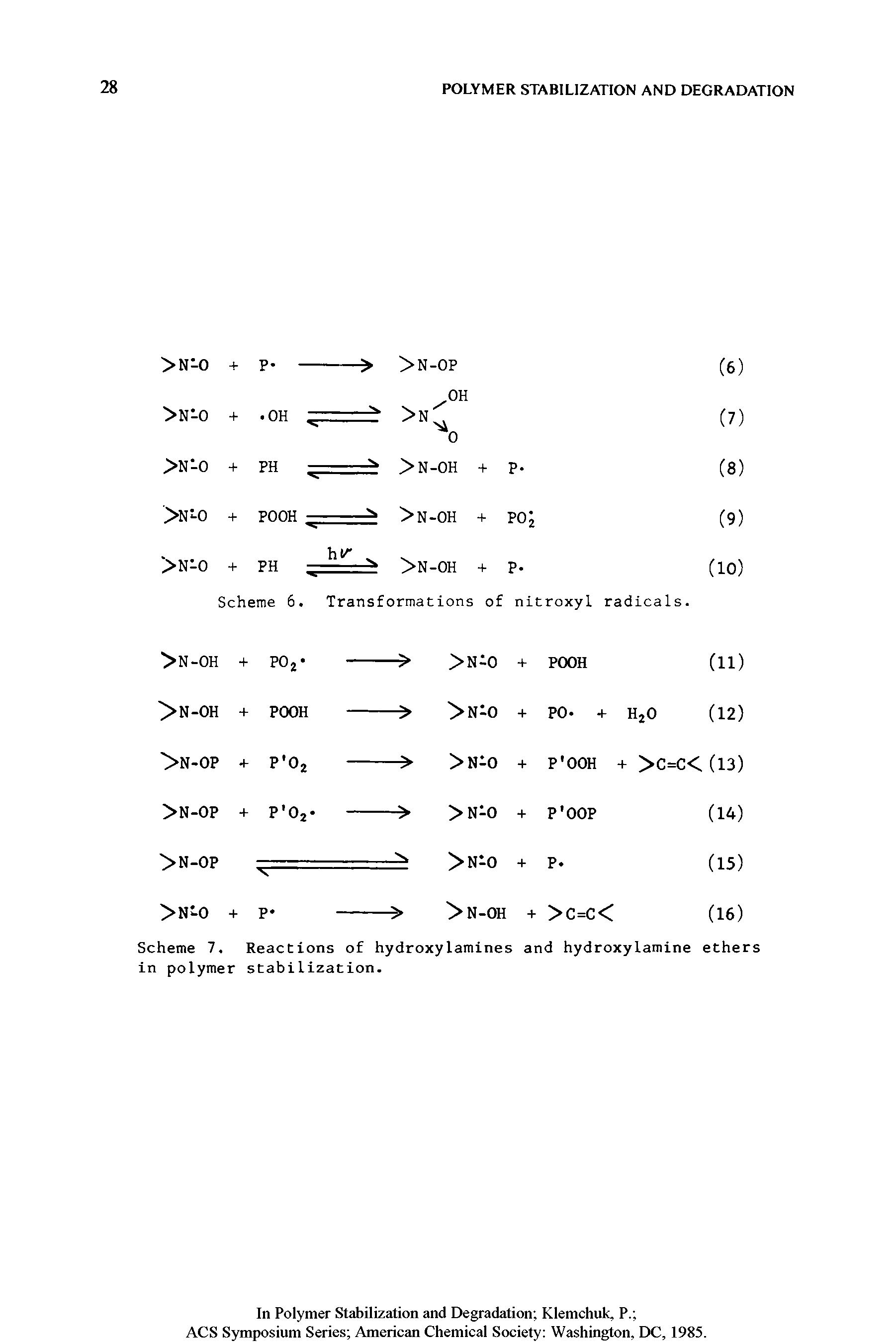 Scheme 7. Reactions of hydroxylamines and hydroxylamine ethers in polymer stabilization.