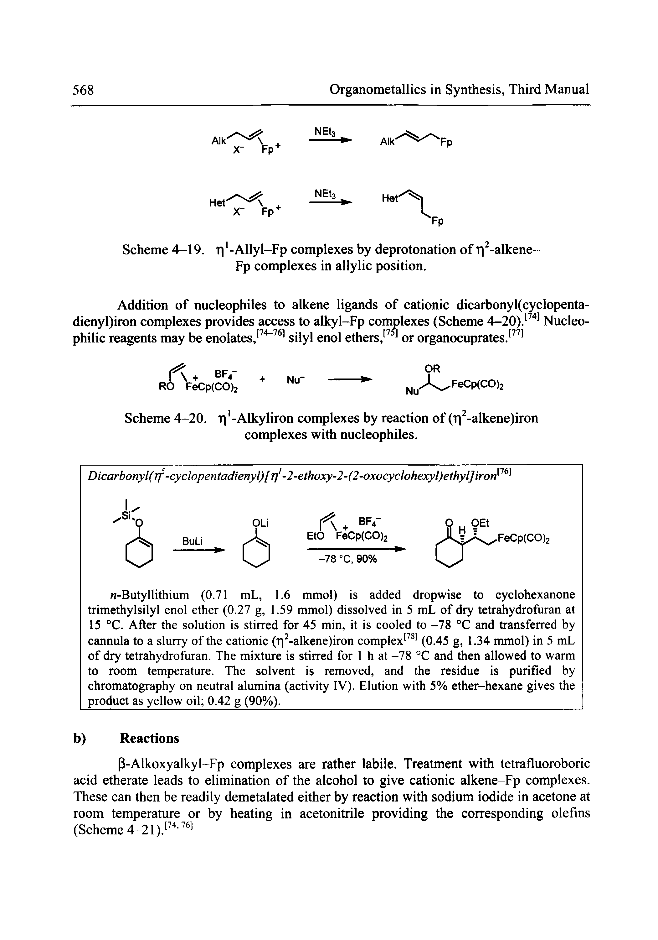 Scheme 4-20. Ti -Alkyliron complexes by reaction of (Ti -alkene)iron complexes with nucleophiles.