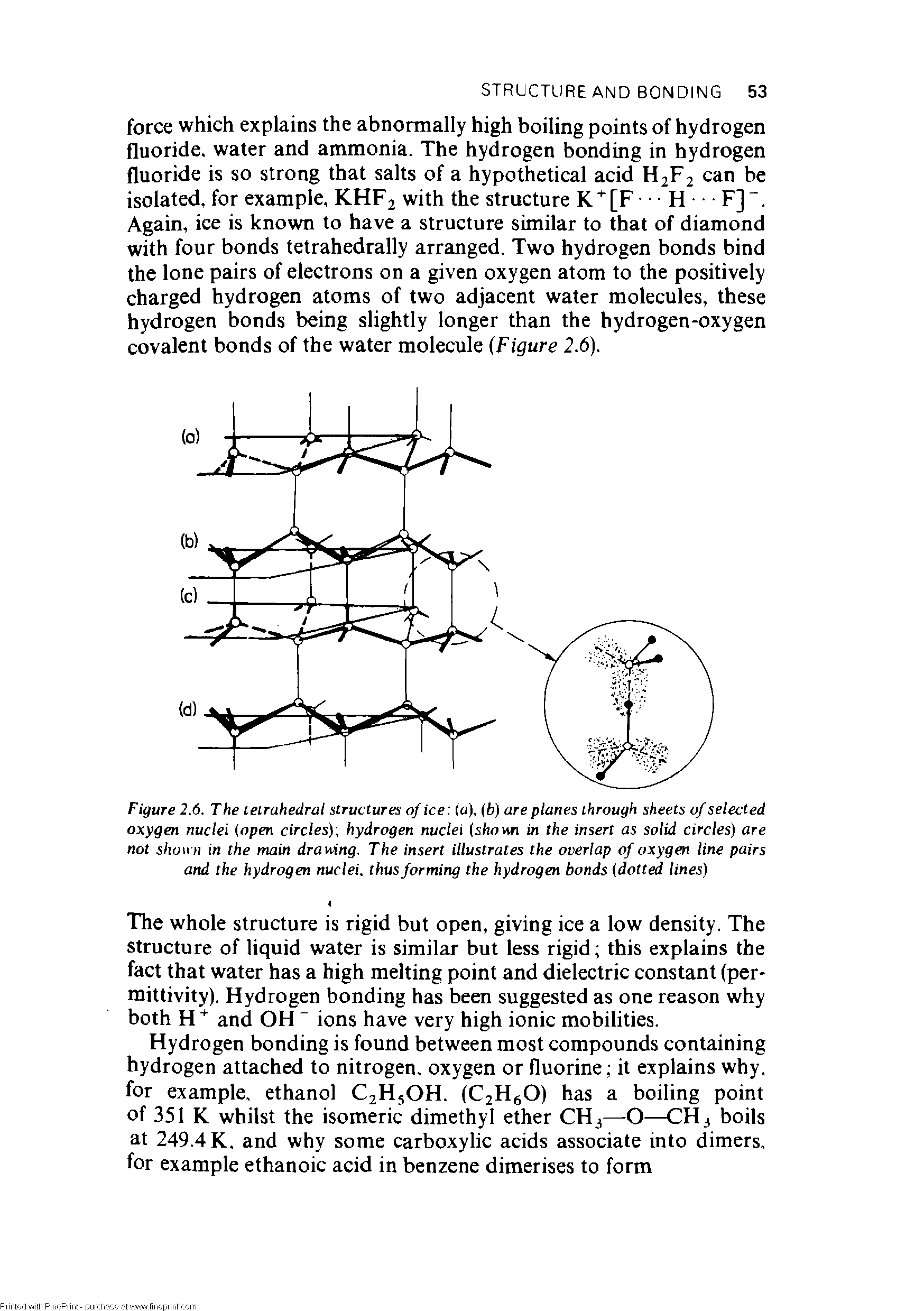 Figure 2.6. The tetrahedral structures of ice (a), (fc) are planes through sheets of selected oxygen nuclei (open circles), hydrogen nuclei (shotm in the insert as solid circles) are not shown in the main drawing. The insert illustrates the overlap of oxygen line pairs and the hydrogen nuclei, thus forming the hydrogen bonds (dotted lines)...