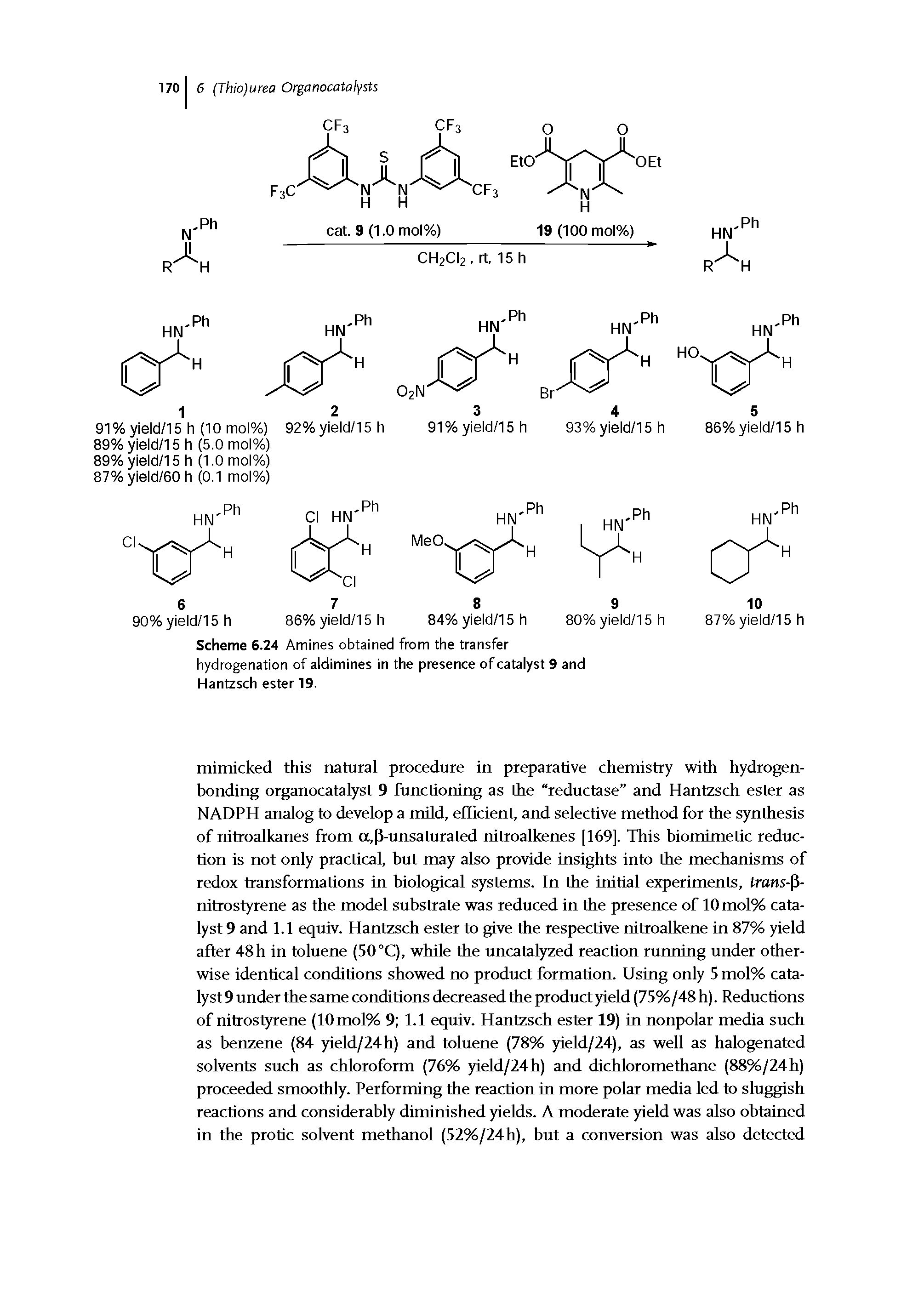 Scheme 6.24 Amines obtained from the transfer hydrogenation of aldimines in the presence of catalyst 9 and Hantzsch ester 19.