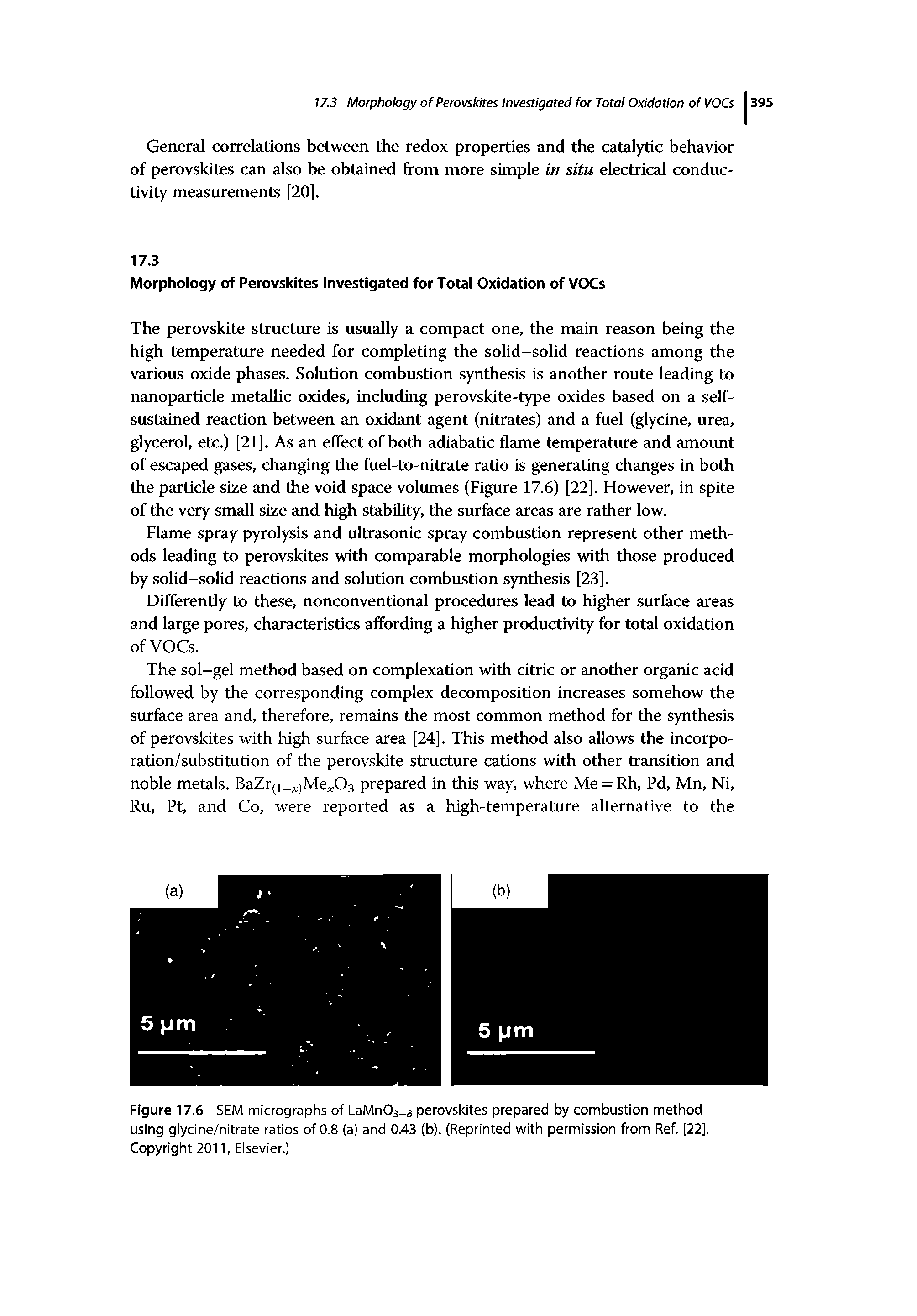 Figure 17.6 SEM micrographs of LaMnOs+s perovskites prepared by combustion method using glycine/nitrate ratios of 0.8 (a) and 0.43 (b). (Reprinted with permission from Ref. [22]. Copyright 2011, Elsevier.)...