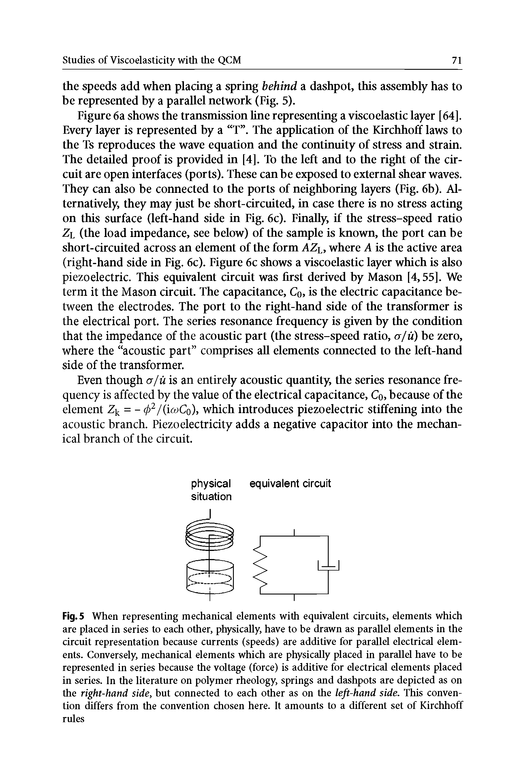 Figure 6a shows the transmission hne representing a viscoelastic layer [64]. Every layer is represented by a T . The apphcation of the Kirchhoff laws to the Ts reproduces the wave equation and the continuity of stress and strain. The detailed proof is provided in [4]. To the left and to the right of the circuit are open interfaces (ports). These can be exposed to external shear waves. They can also be connected to the ports of neighboring layers (Fig. 6b). Alternatively, they may just be short-circuited, in case there is no stress acting on this surface (left-hand side in Fig. 6c). Finally, if the stress-speed ratio Zl (the load impedance, see below) of the sample is known, the port can be short-circuited across an element of the form AZl, where A is the active area (right-hand side in Fig. 6c). Figure 6c shows a viscoelastic layer which is also piezoelectric. This equivalent circuit was first derived by Mason [4,55]. We term it the Mason circuit. The capacitance, Co, is the electric capacitance between the electrodes. The port to the right-hand side of the transformer is the electrical port. The series resonance frequency is given by the condition that the impedance of the acoustic part (the stress-speed ratio, aju) be zero, where the acoustic part comprises all elements connected to the left-hand side of the transformer.