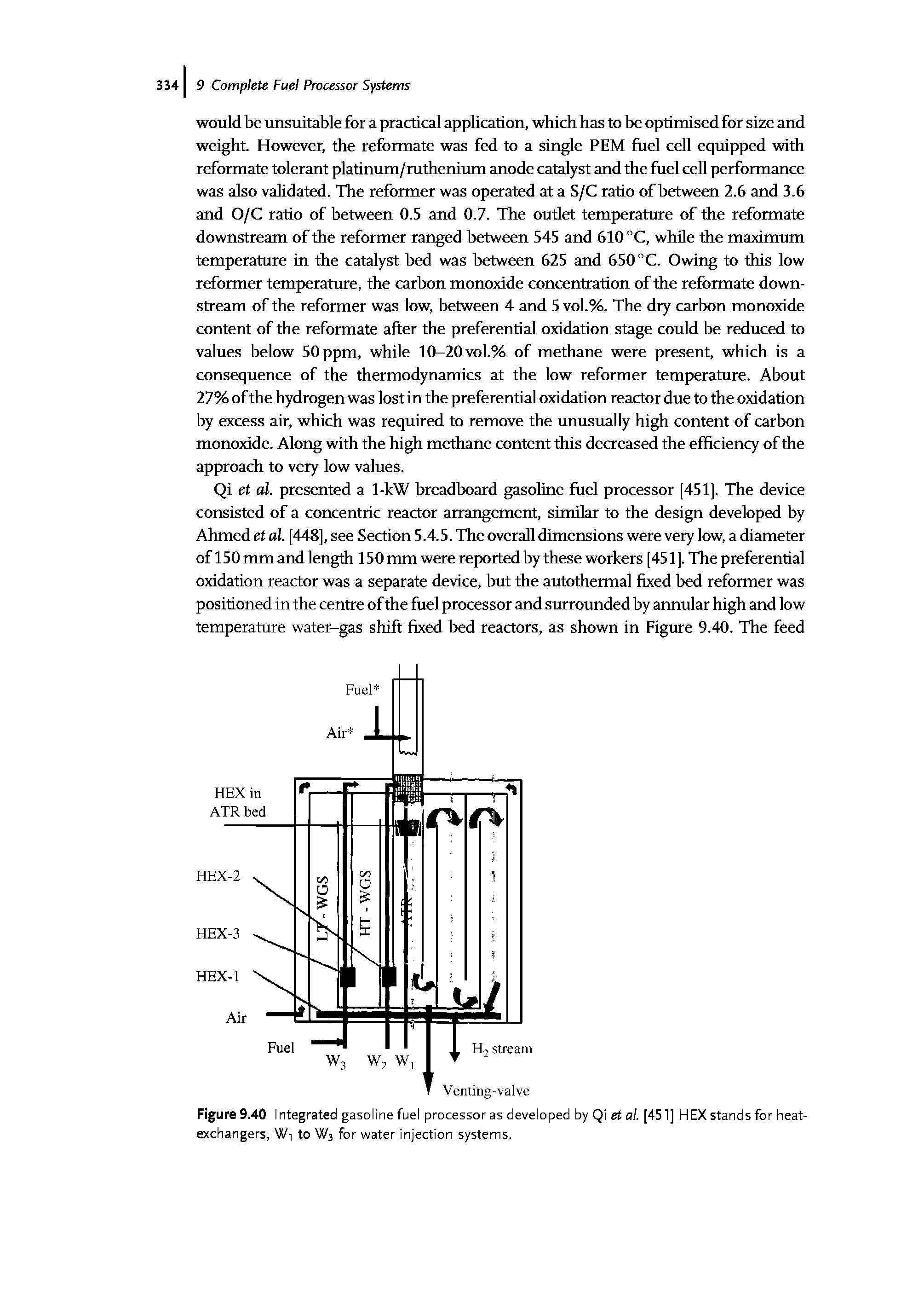 Figure 9.40 Integrated gasoline fuel processor as developed by Qi et al. [451] HEX stands for heat-exchangers, Wi to W3 for water injection systems.