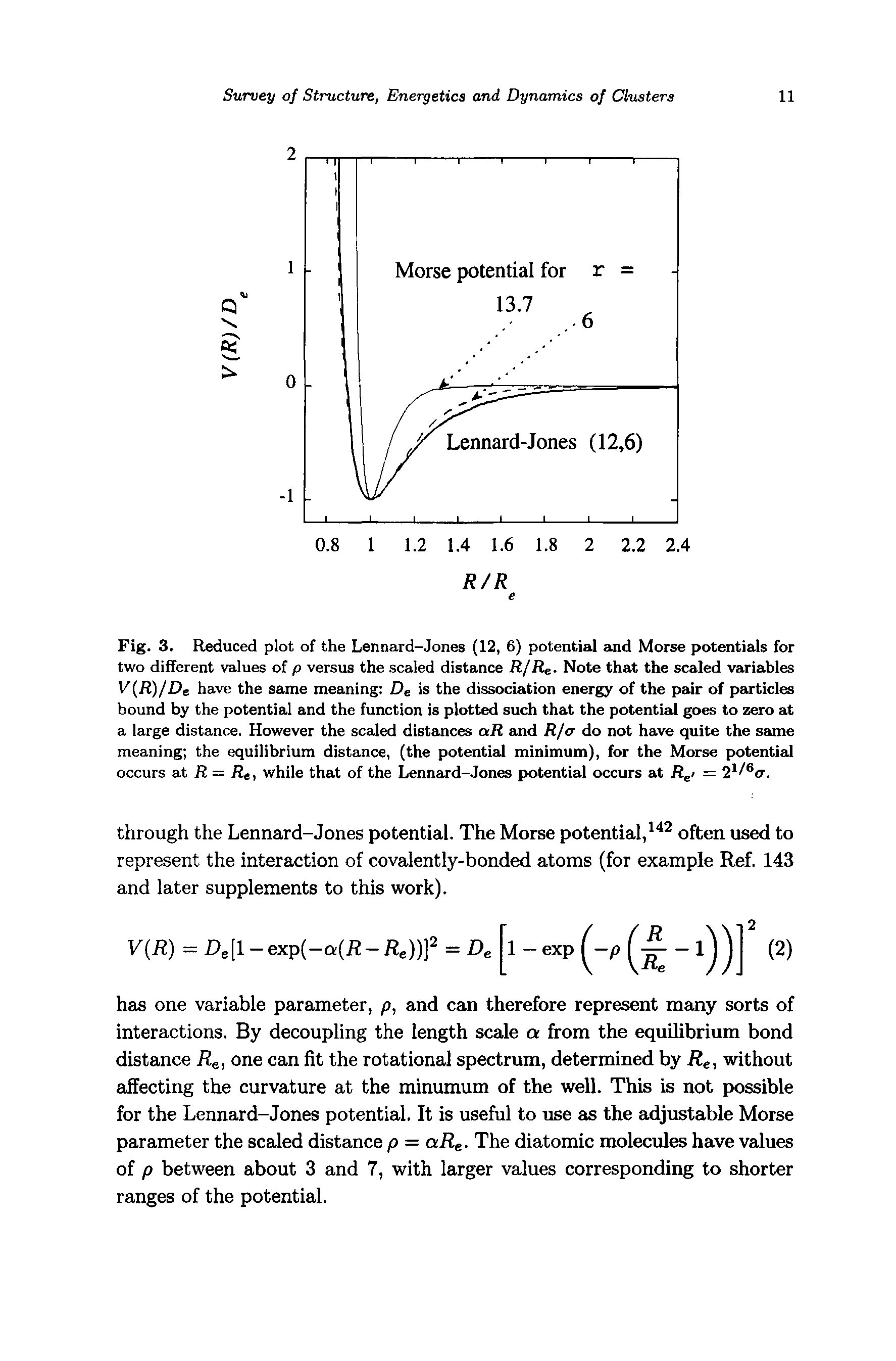 Fig. 3. Reduced plot of the Lennard-Jones (12, 6) potentiaj and Morse potentials for two different values of p versus the scaled distance R/Re. Note that the scaled variables V(R)/De have the same meaning De is the dissociation energy of the pair of particles bound by the potential and the function is plotted such that the potential goes to zero at a large distance. However the scaled distances oiR and R/tr do not have quite the same meaning the equilibrium distance, (the potential minimum), for the Morse potential occurs at R = Re, while that of the Lennard-Jones potential occurs at R i =...