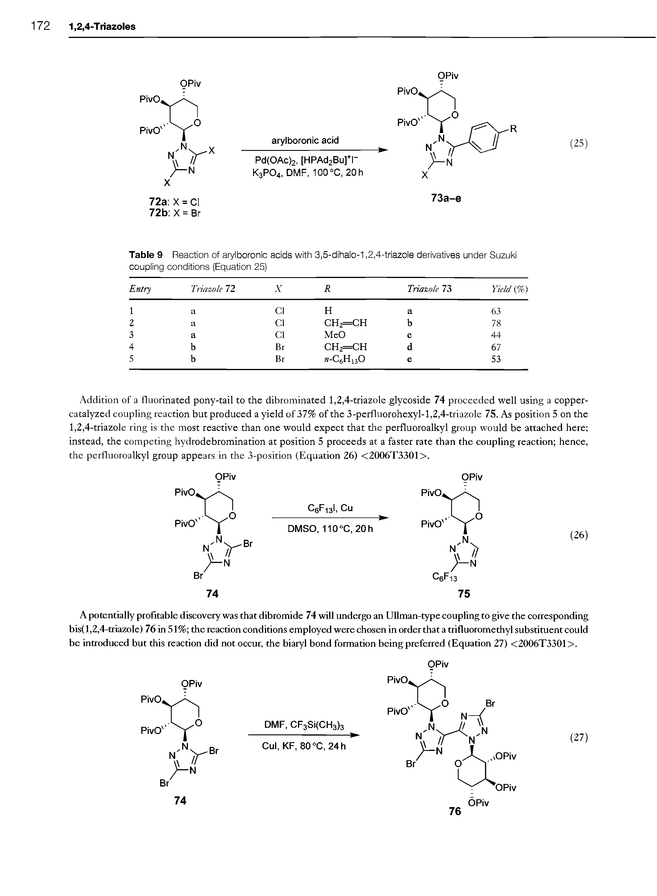 Table 9 Reaction of arylboronic acids with 3,5-dihalo-1,2,4-triazole derivatives under Suzuki coupling conditions (Equation 25)...