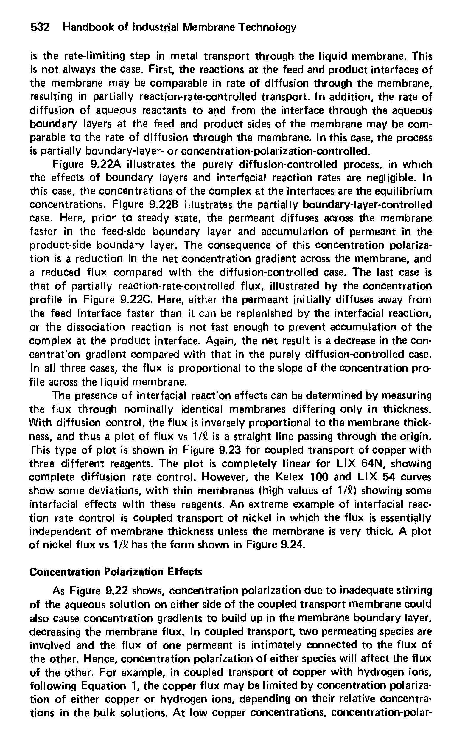 Figure 9.22A illustrates the purely diffusion-controlled process, in which the effects of boundary layers and interfacial reaction rates are negligible. In this case, the concentrations of the complex at the interfaces are the equilibrium concentrations. Figure 9.22B illustrates the partially boundary-layer-controlled case. Here, prior to steady state, the permeant diffuses across the membrane faster in the feed-side boundary layer and accumulation of permeant in the product-side boundary layer. The consequence of this concentration polarization is a reduction in the net concentration gradient across the membrane, and a reduced flux compared with the diffusion-controlled case. The last case is that of partially reaction-rate-controlled flux, illustrated by the concentration profile in Figure 9.22C. Here, either the permeant initially diffuses away from the feed interface faster than it can be replenished by the interfacial reaction, or the dissociation reaction is not fast enough to prevent accumulation of the complex at the product interface. Again, the net result is a decrease in the concentration gradient compared with that in the purely diffusion-controlled case. In all three cases, the flux is proportional to the slope of the concentration profile across the liquid membrane.