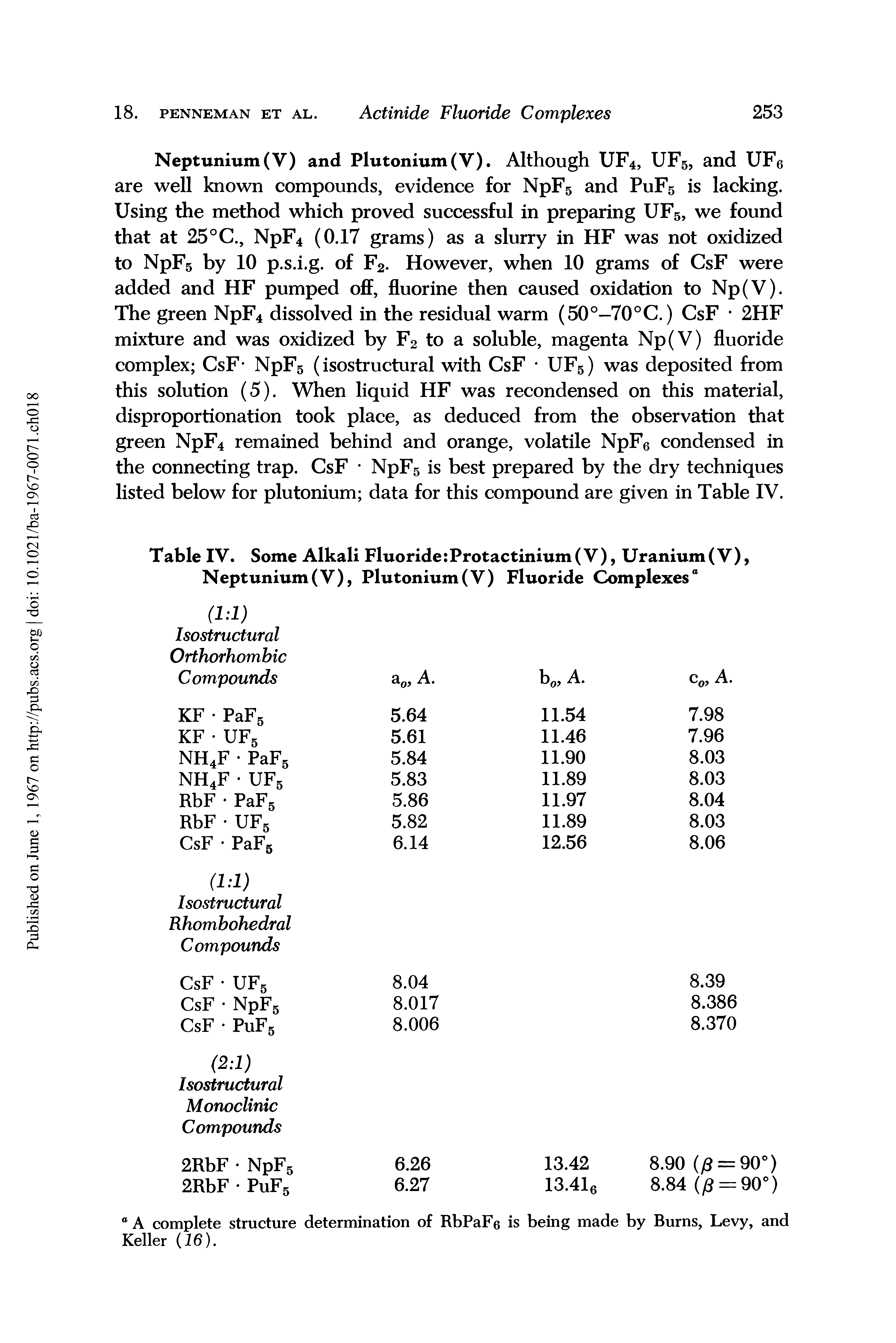 Table IV. Some Alkali Fluoride Protactinium ( V ), Uranium ( V ), Neptunium(V), Plutonium(V) Fluoride Complexes"...