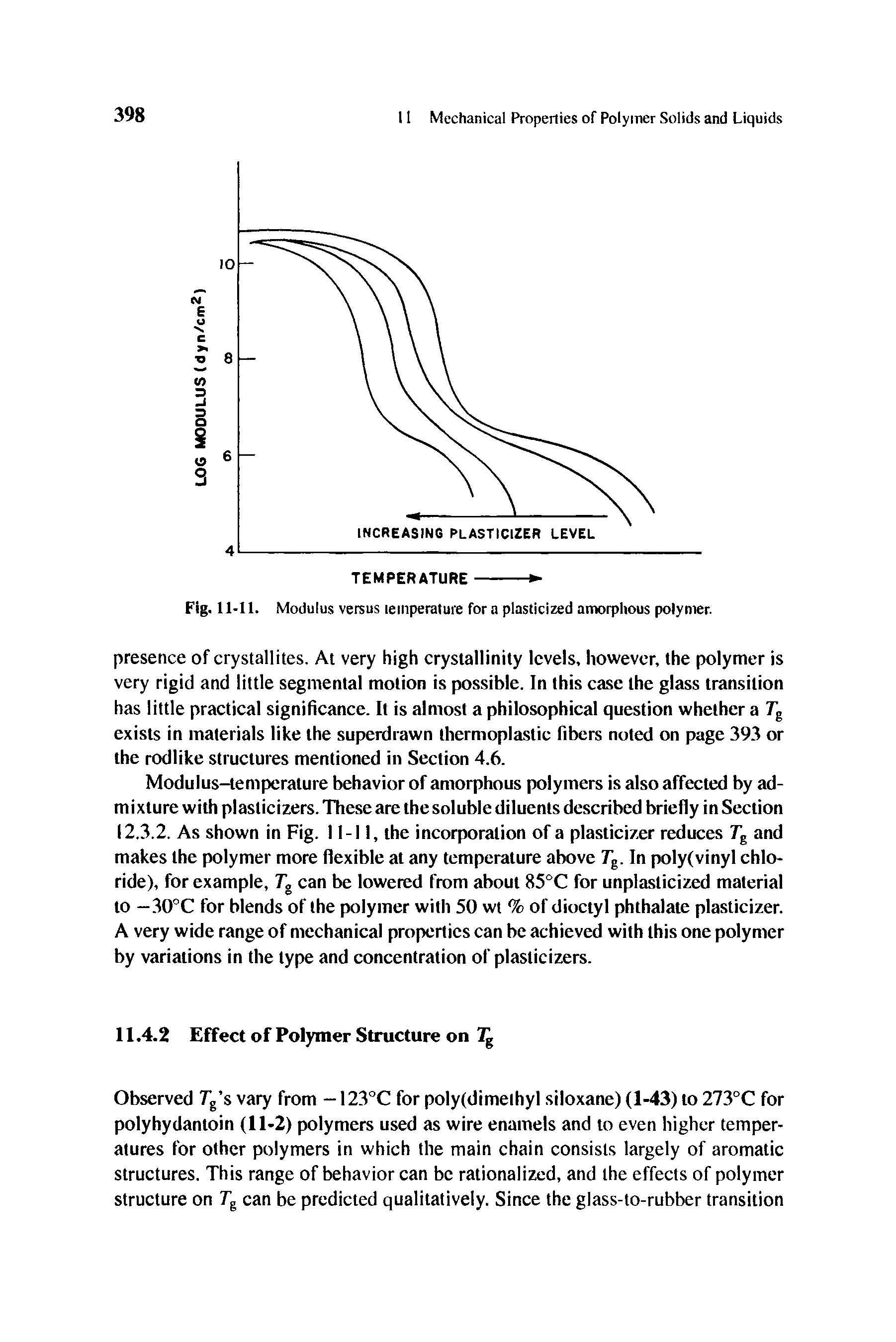 Fig. 11-11. Modulus versus leiiiperatuie for a plasticized amorphous polymer.