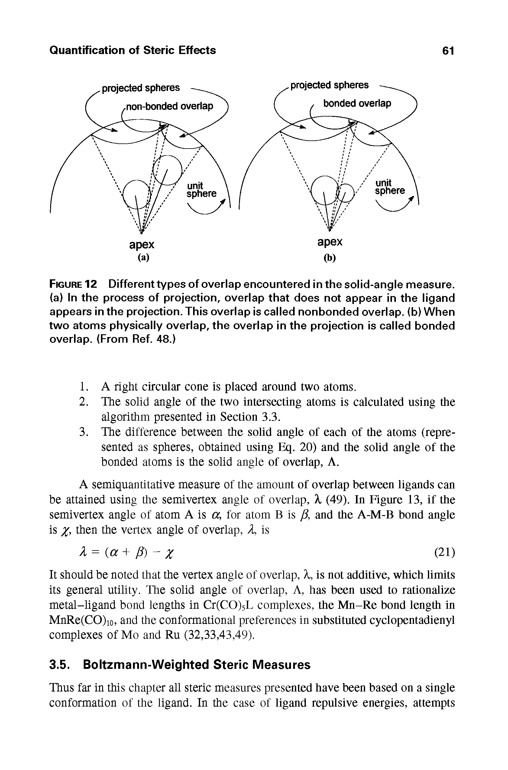 Figure 12 Different types of overlap encountered in the solid-angle measure, (a) In the process of projection, overlap that does not appear in the ligand appears in the projection. This overlap is called nonbonded overlap, (b) When two atoms physically overlap, the overlap in the projection is called bonded overlap. (From Ref. 48.)...